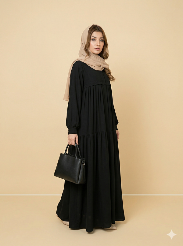 Black Tiered Frill Closed Abaya Side View