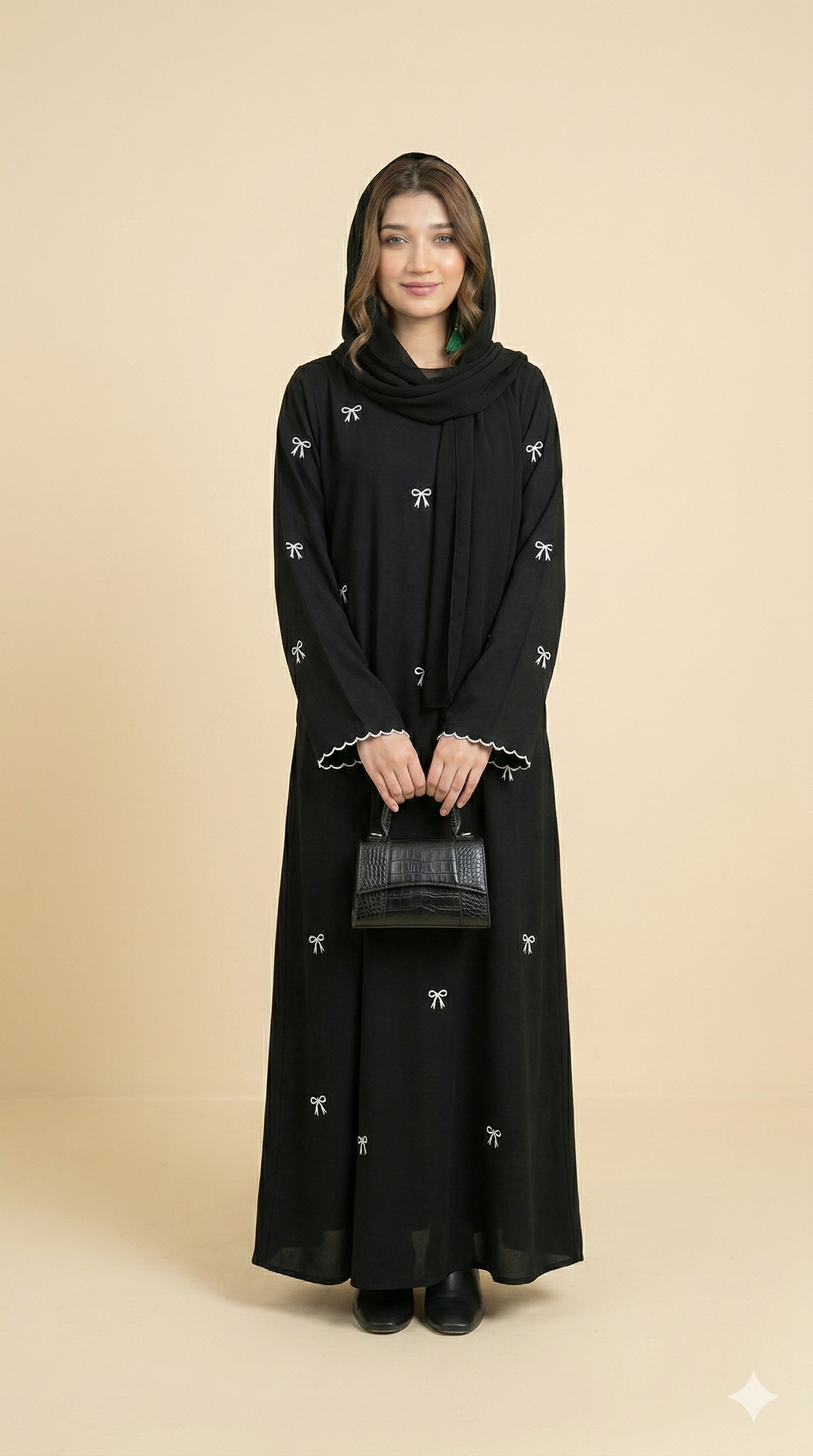Black White Bow Embroidered Scallop Cuff Open Abaya Front View