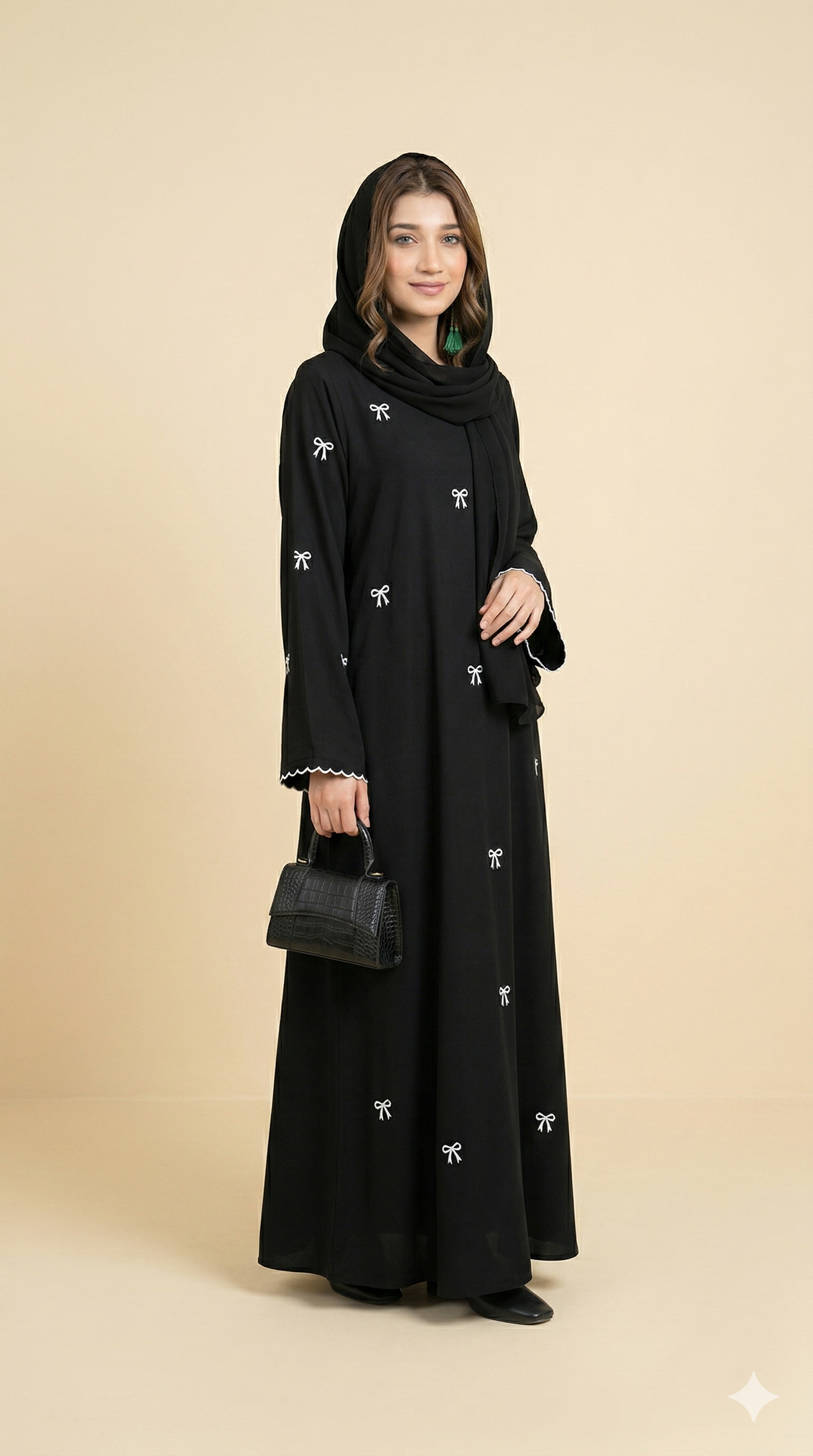 Black White Bow Embroidered Scallop Cuff Open Abaya Side View
