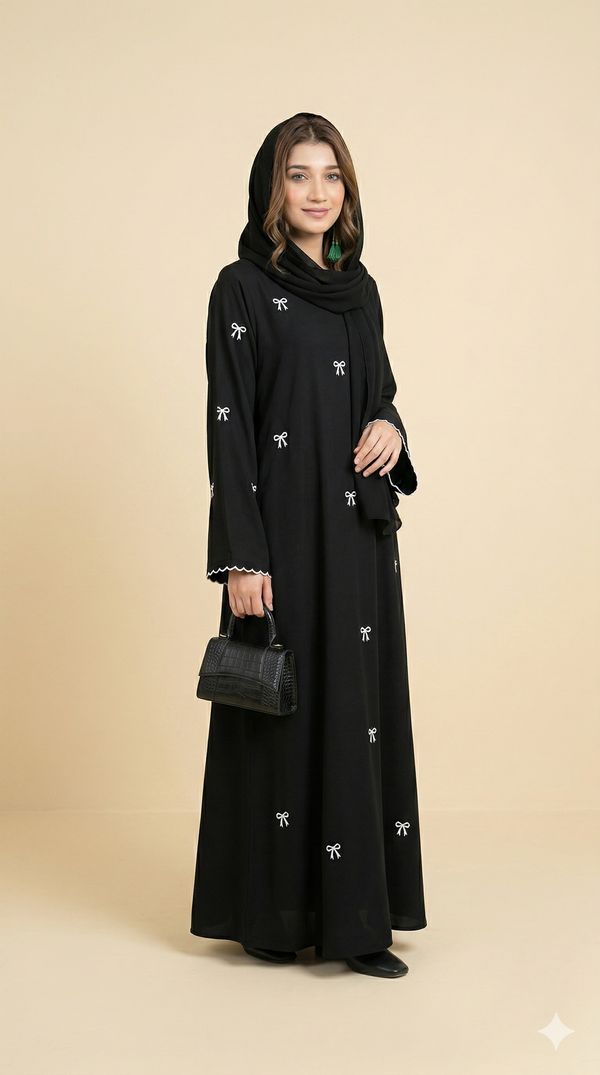 Black White Bow Embroidered Scallop Cuff Open Abaya Side View