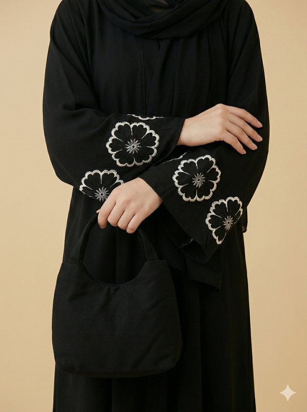 Black White Floral Cuff Embroidered Open Abaya Close View