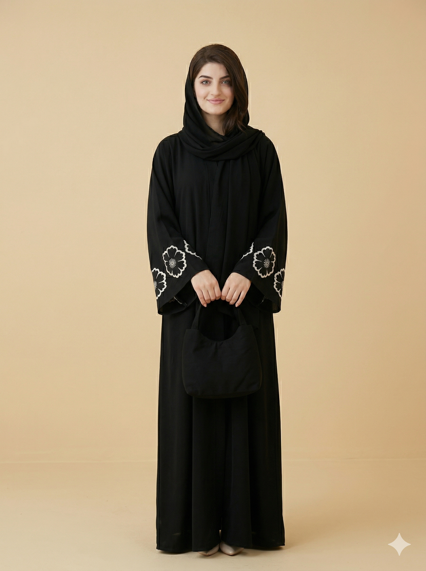 Black White Floral Cuff Embroidered Open Abaya Front View