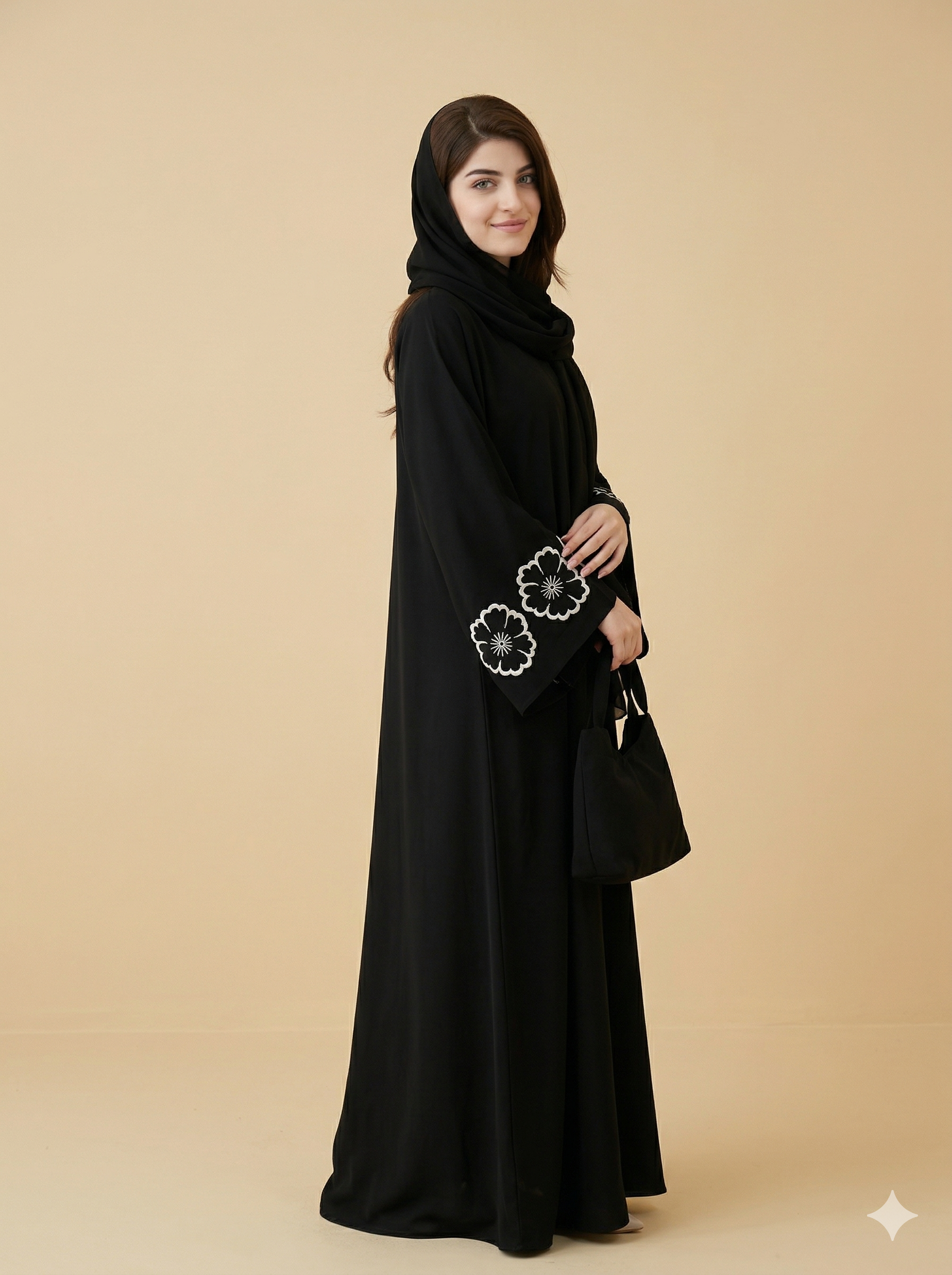 Black White Floral Cuff Embroidered Open Abaya Side View