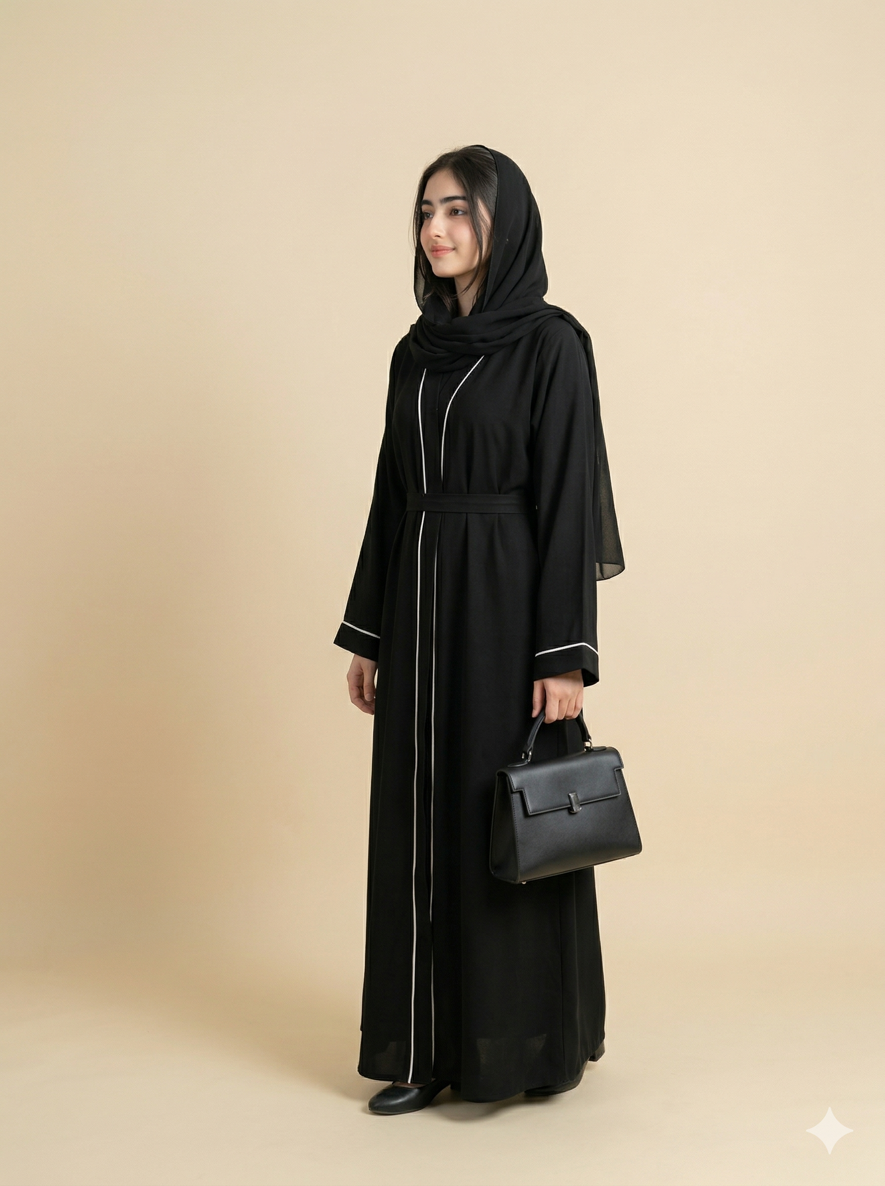Black White Piping Belted Open Abaya Side View