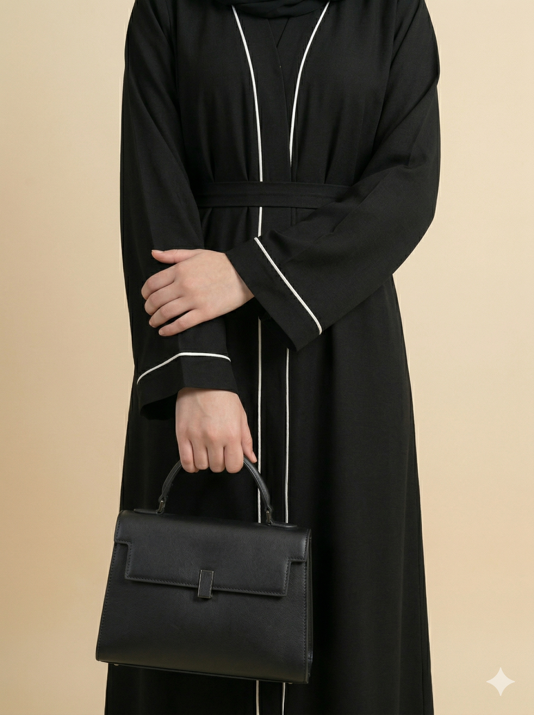 Black White Piping Belted Open Abaya Close View