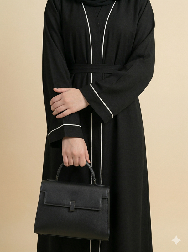 Black White Piping Belted Open Abaya Close View