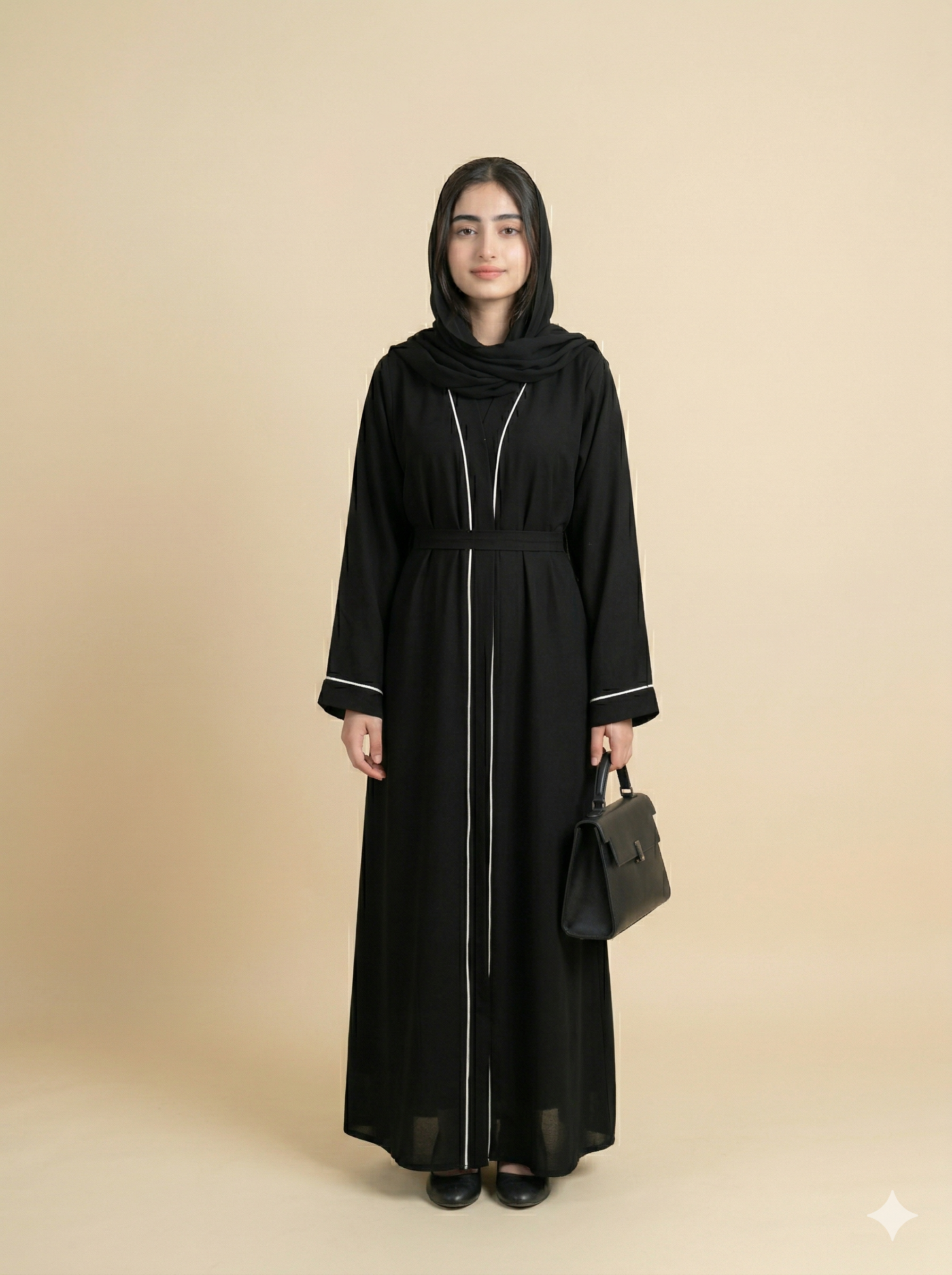 Black White Piping Belted Open Abaya Front View
