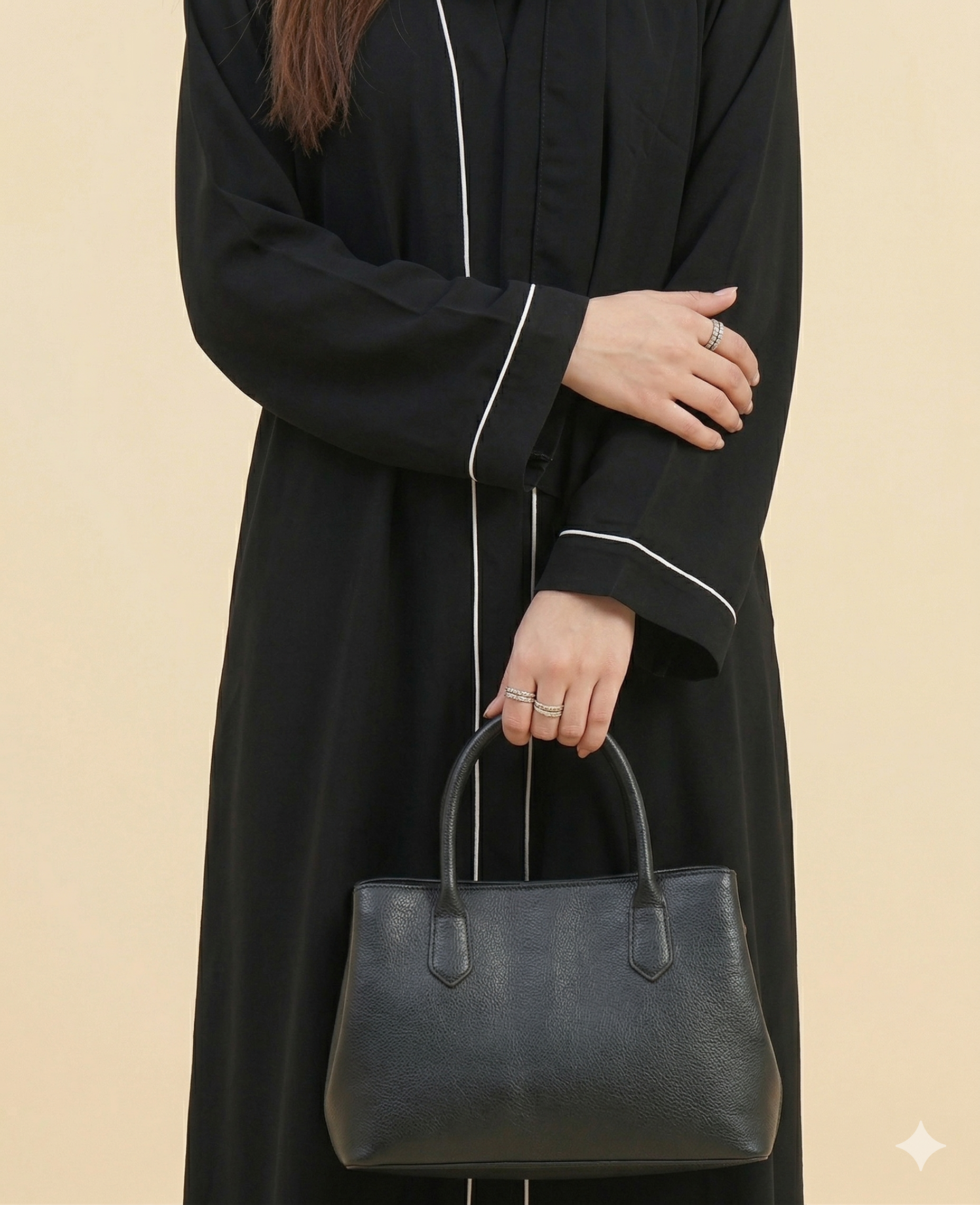 Black White Piping Open Abaya Close View