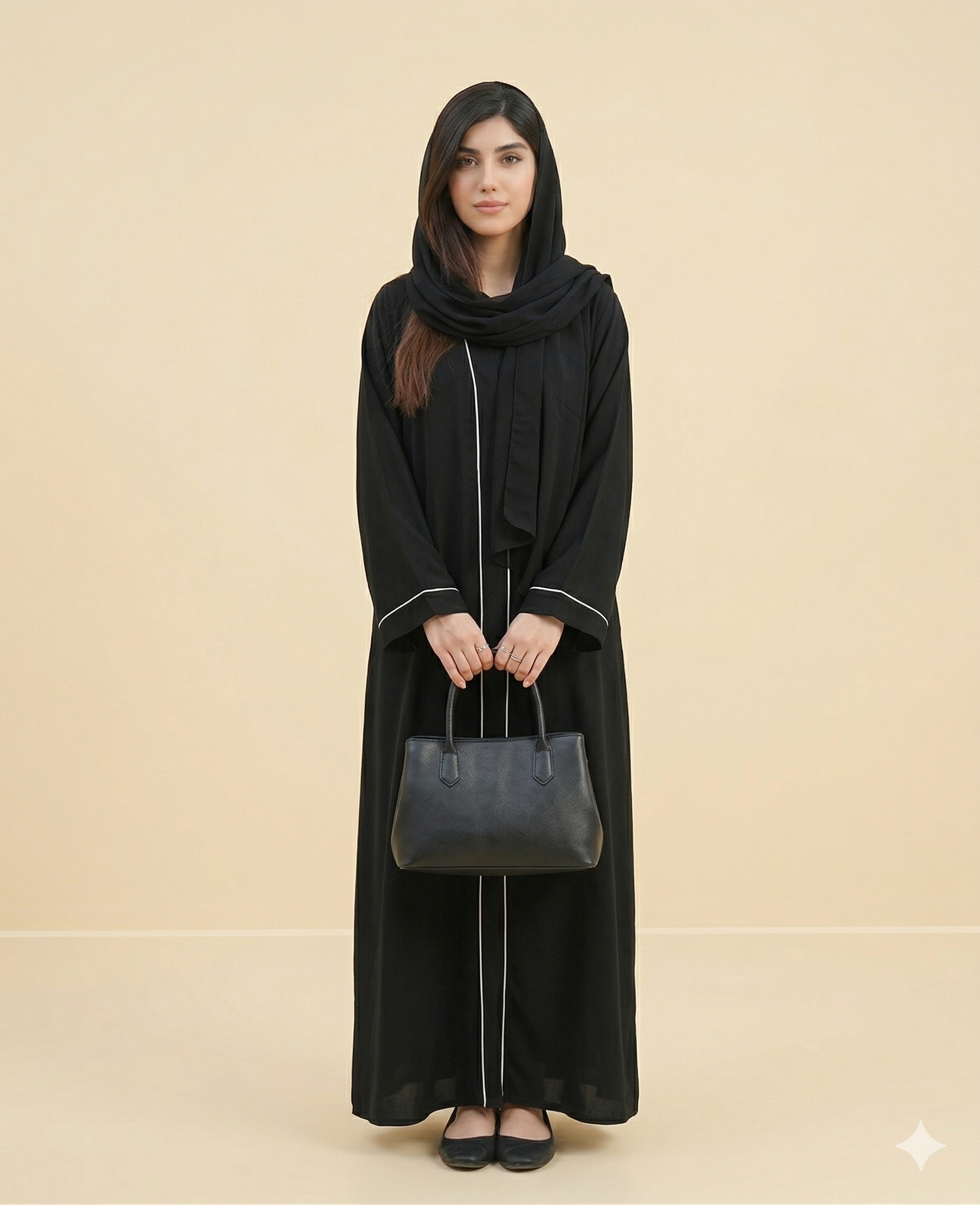 Black White Piping Open Abaya Front View