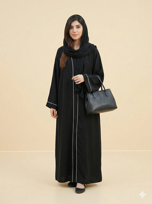 Black White Piping Open Abaya Side View