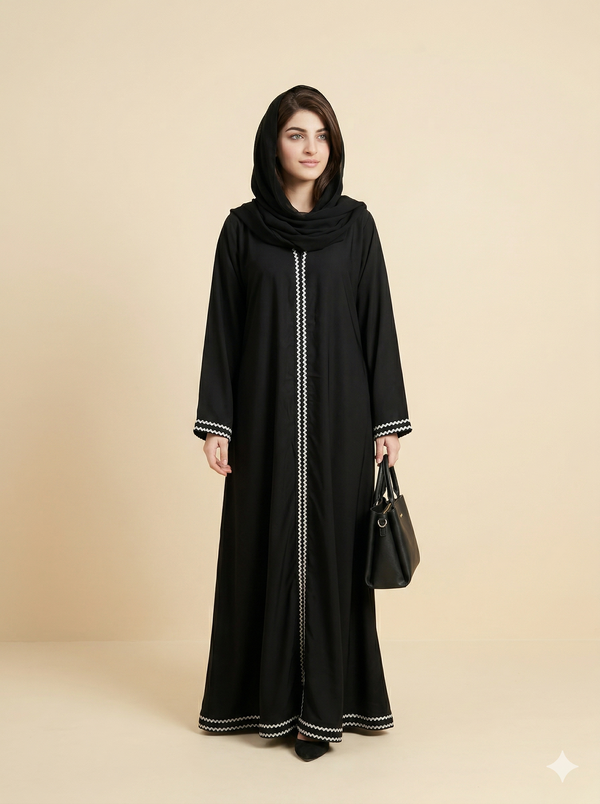 Black White Zigzag Lace Open Abaya SIde View