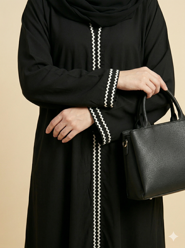 Black White Zigzag Lace Open Abaya Close View