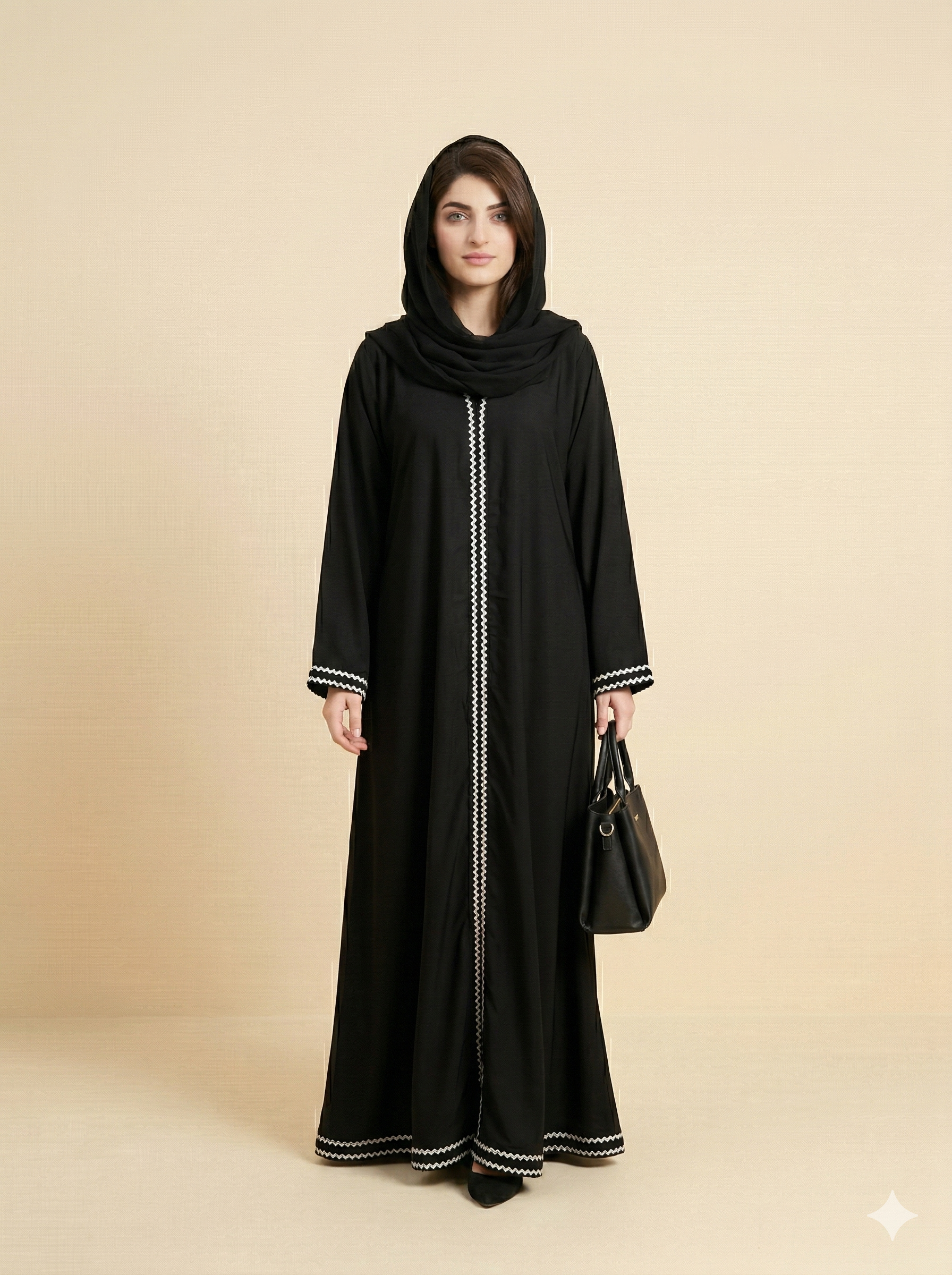 Black White Zigzag Lace Open Abaya Front View