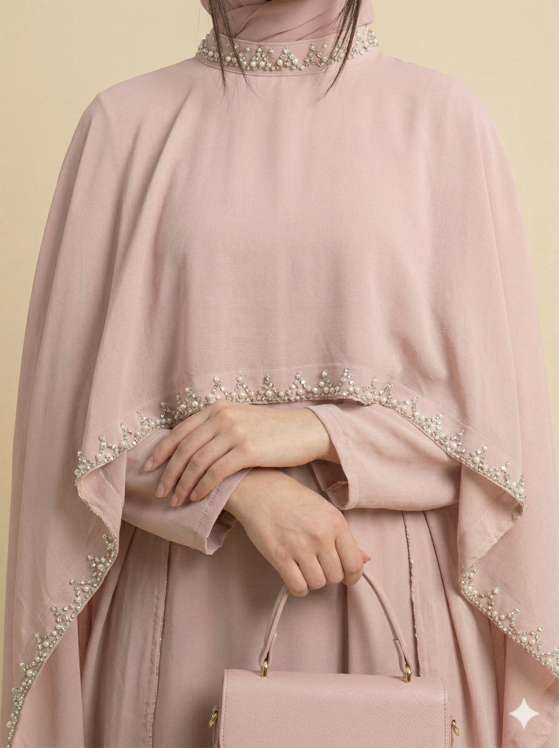 Blush Pink Cape Style Stone Embellished Abaya Close View