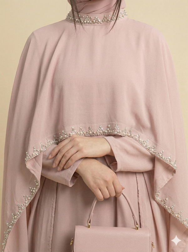 Blush Pink Cape Style Stone Embellished Abaya Close View