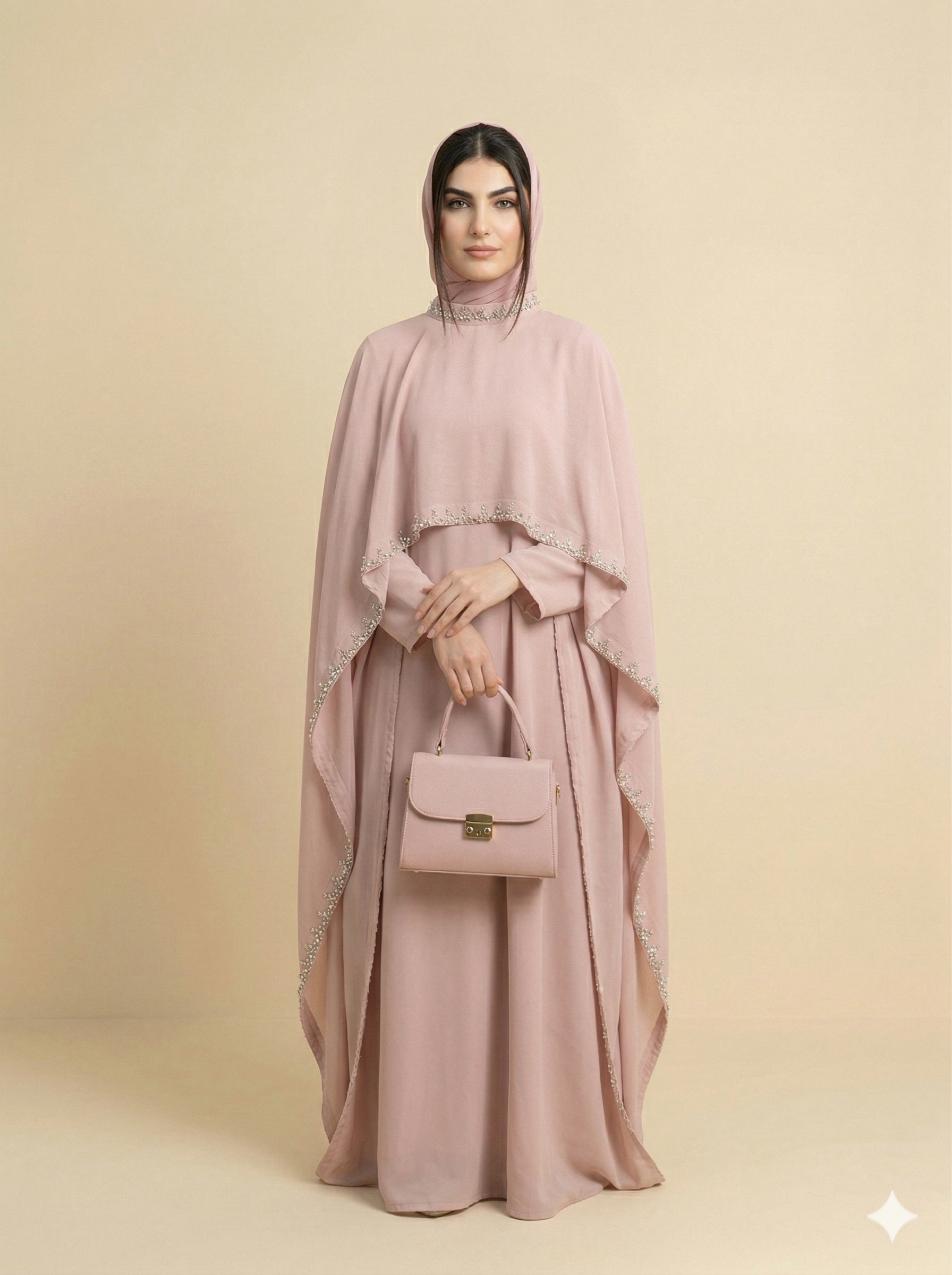 Blush Pink Cape Style Stone Embellished Abaya Front View