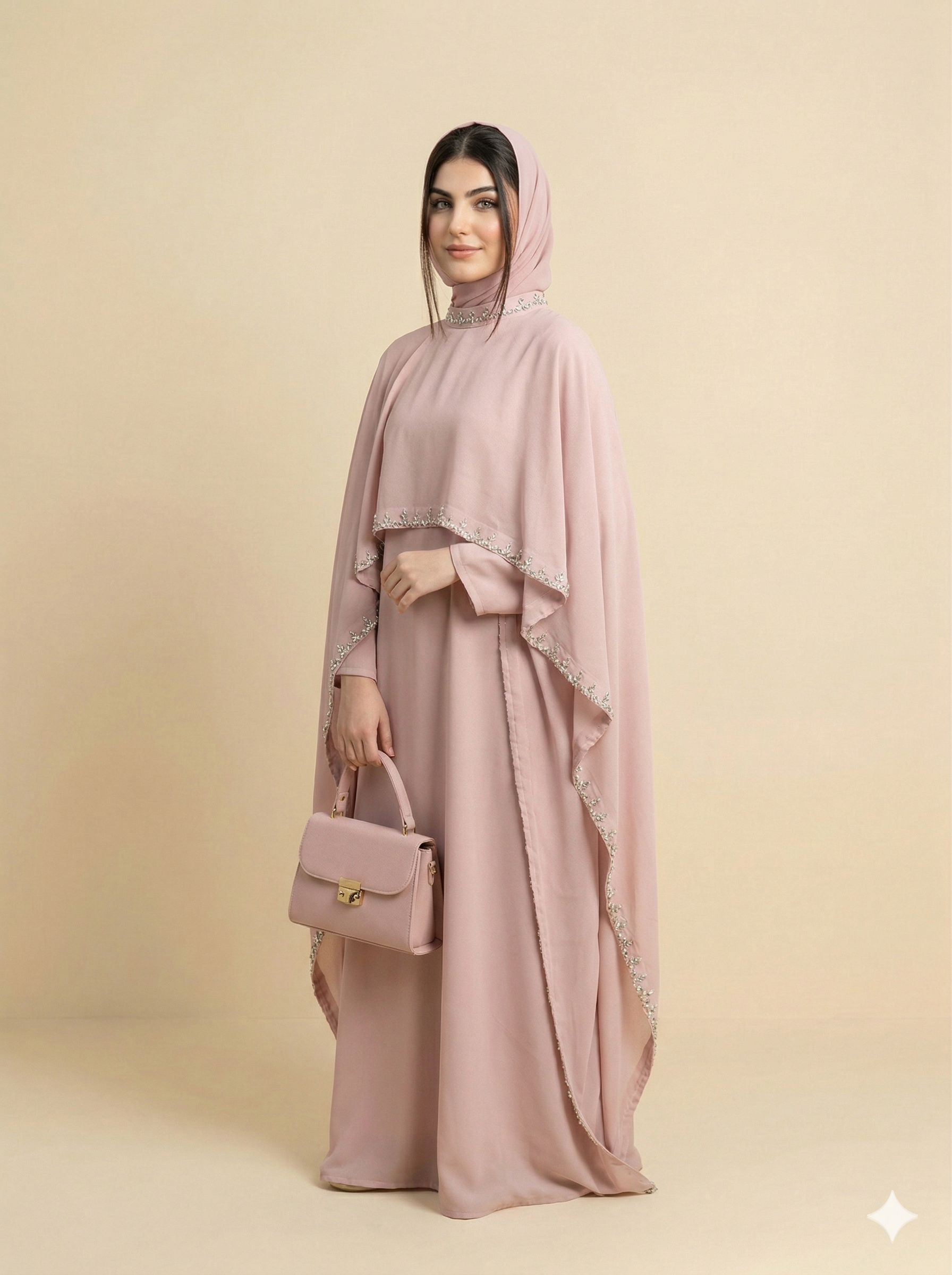 Blush Pink Cape Style Stone Embellished Abaya Side View
