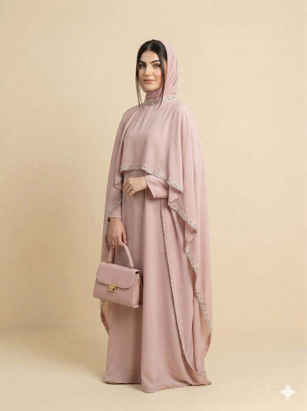Blush Pink Cape Style Stone Embellished Abaya Side View