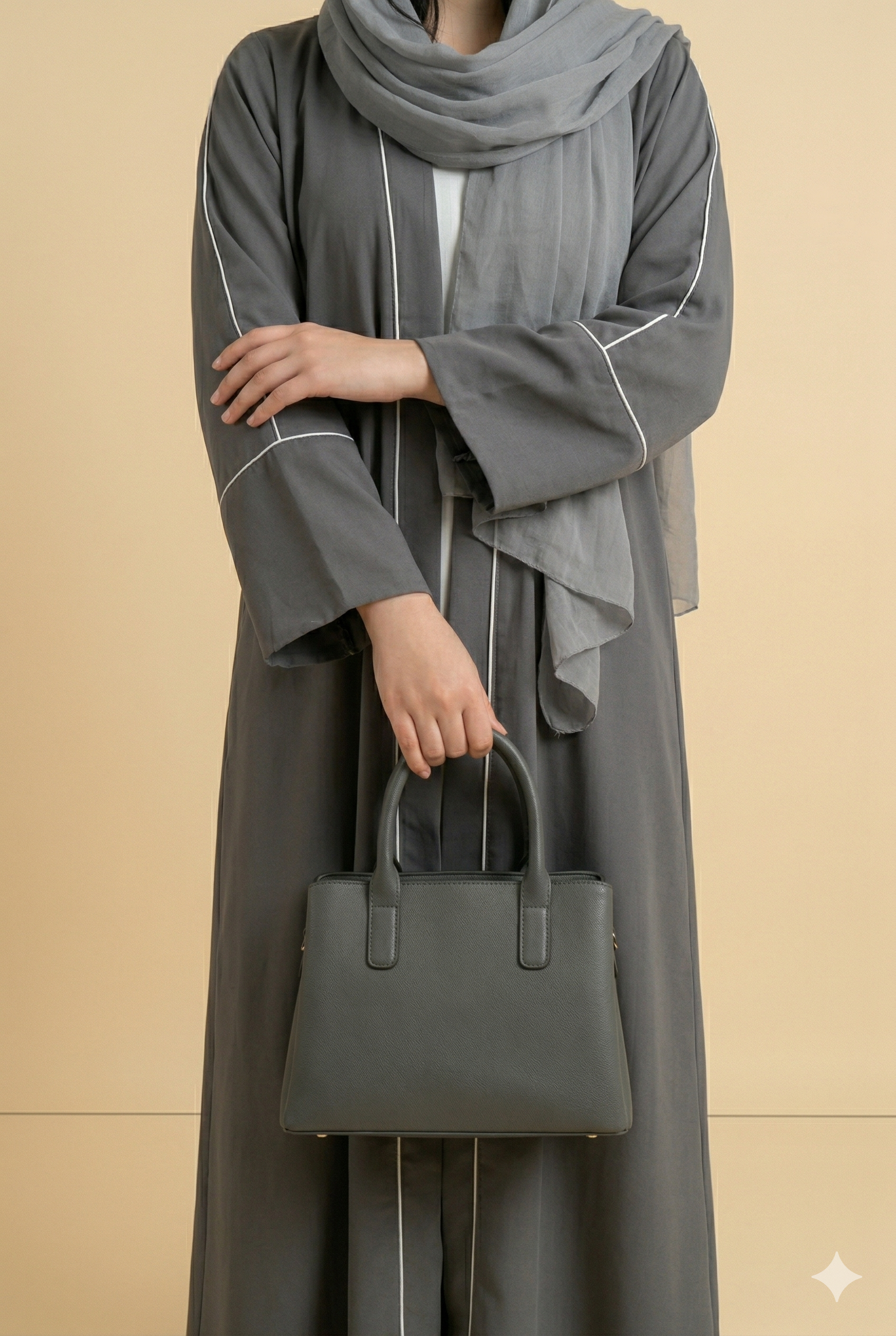 Charcoal Grey Piping Detail Open Abaya Close View