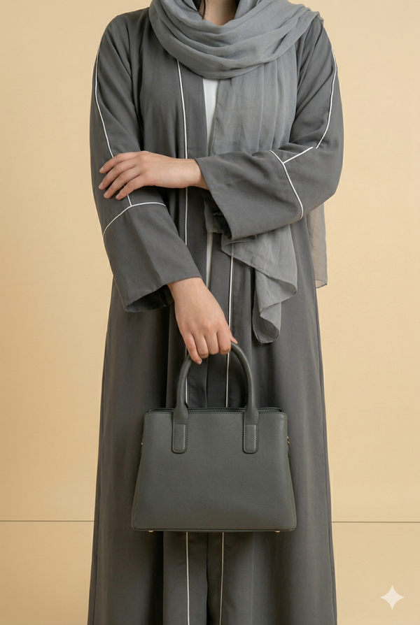 Charcoal Grey Piping Detail Open Abaya Close View