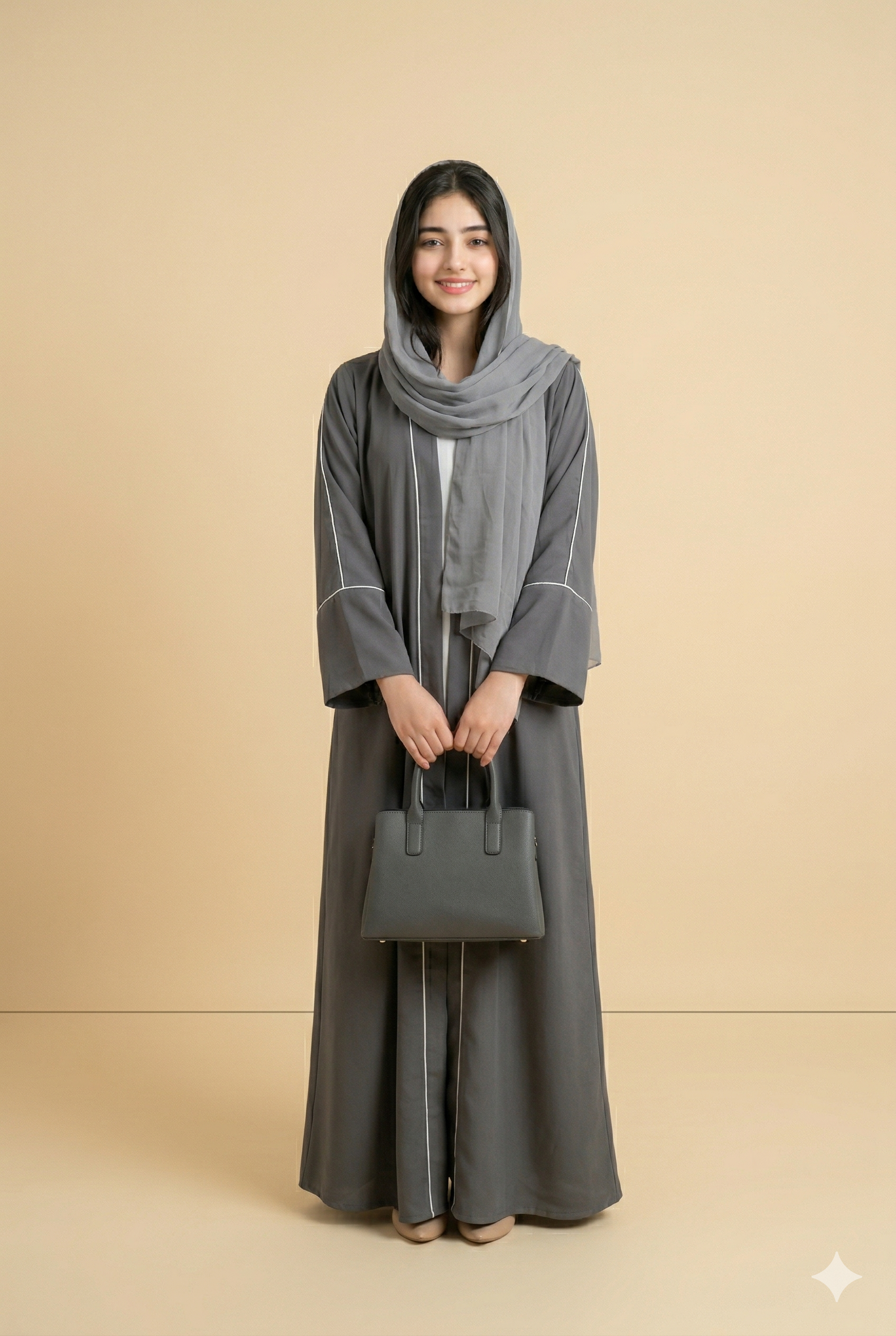 Charcoal Grey Piping Detail Open Abaya Front View