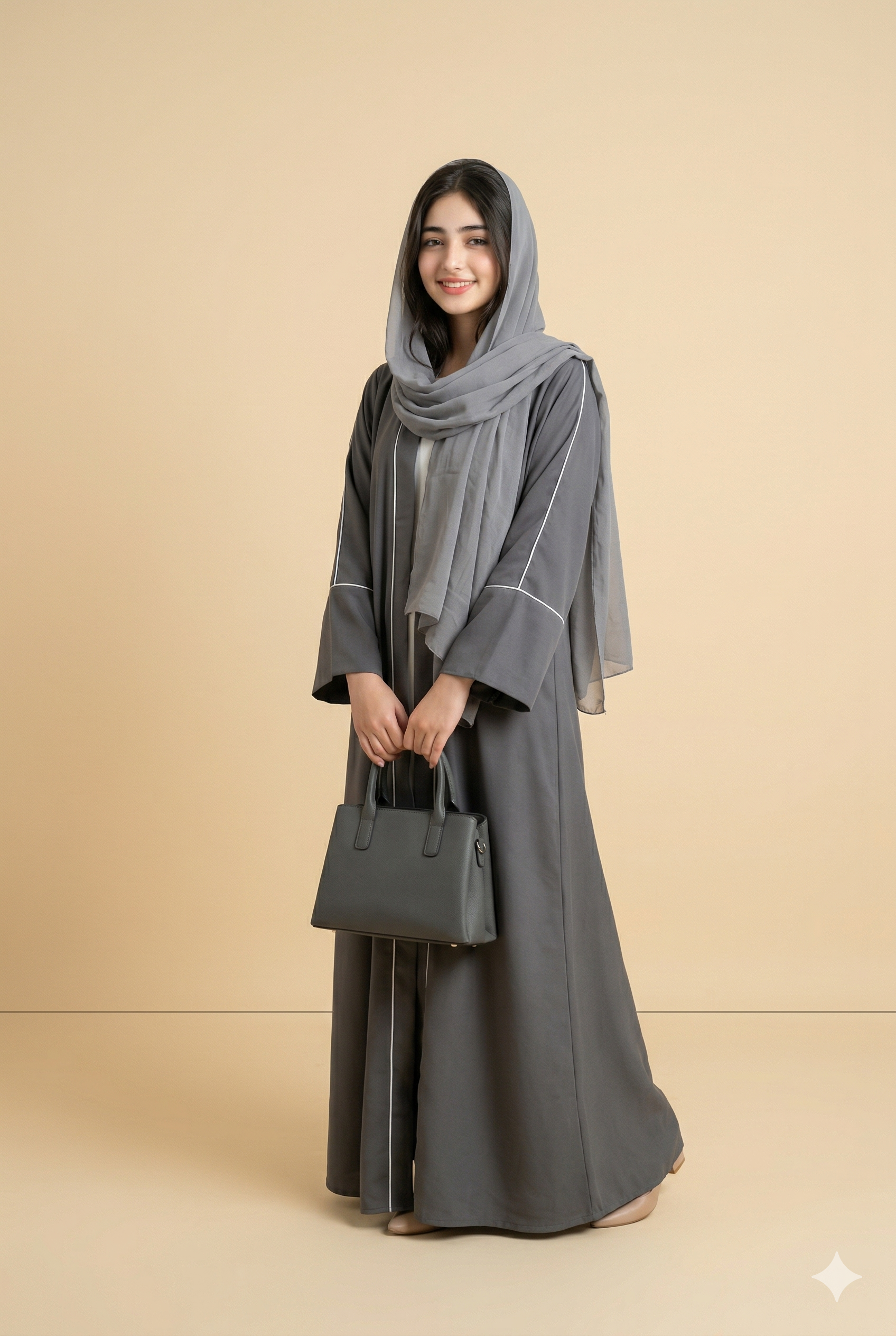 Charcoal Grey Piping Detail Open Abaya Side View