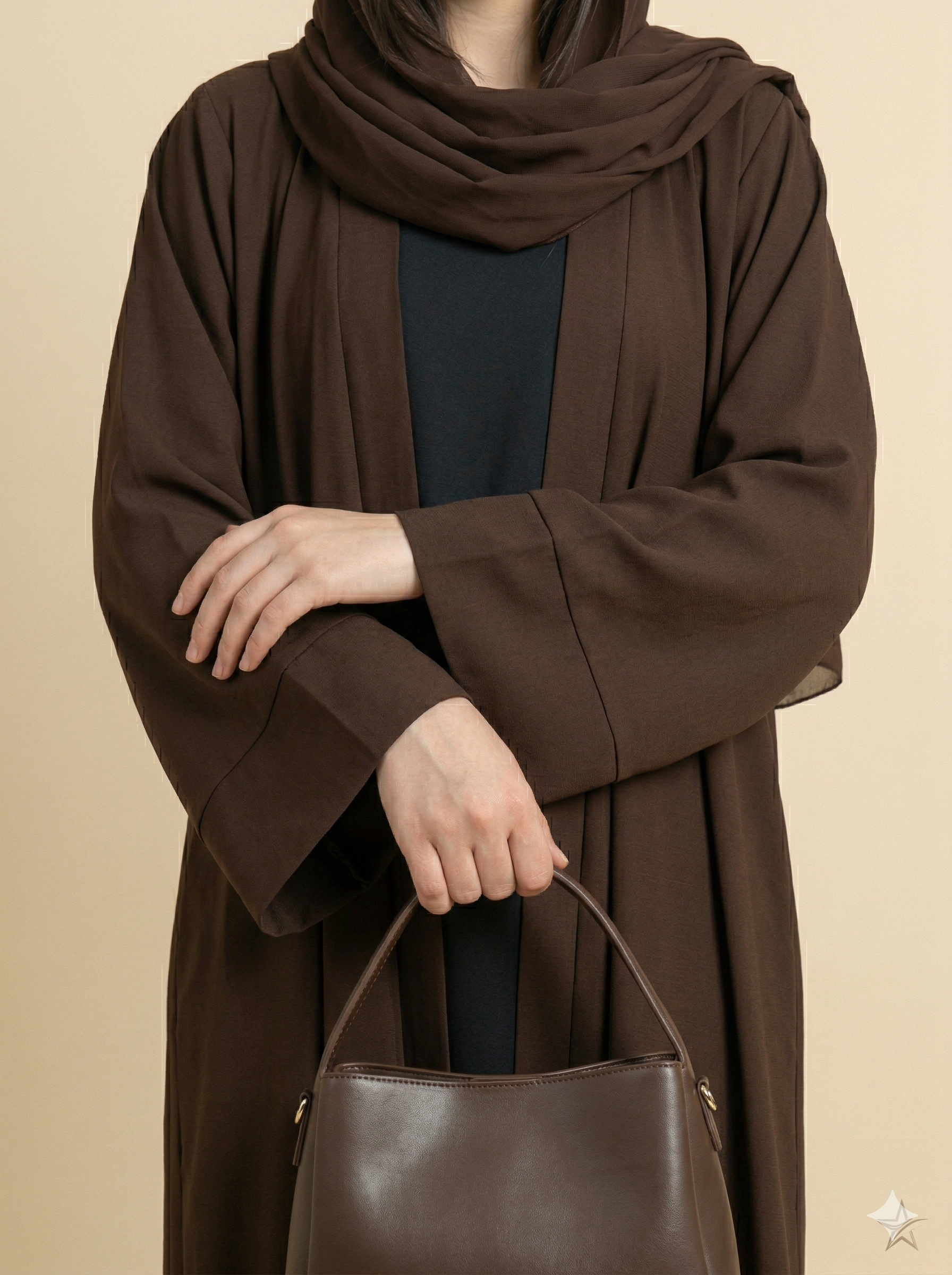 Dark Brown Plain Open Abaya with Cuff Detail Close View