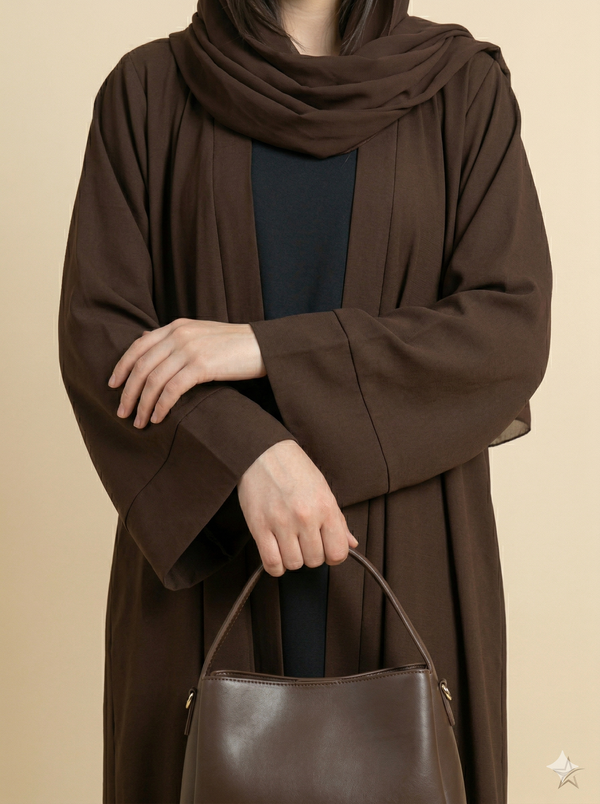 Dark Brown Plain Open Abaya with Cuff Detail Close View
