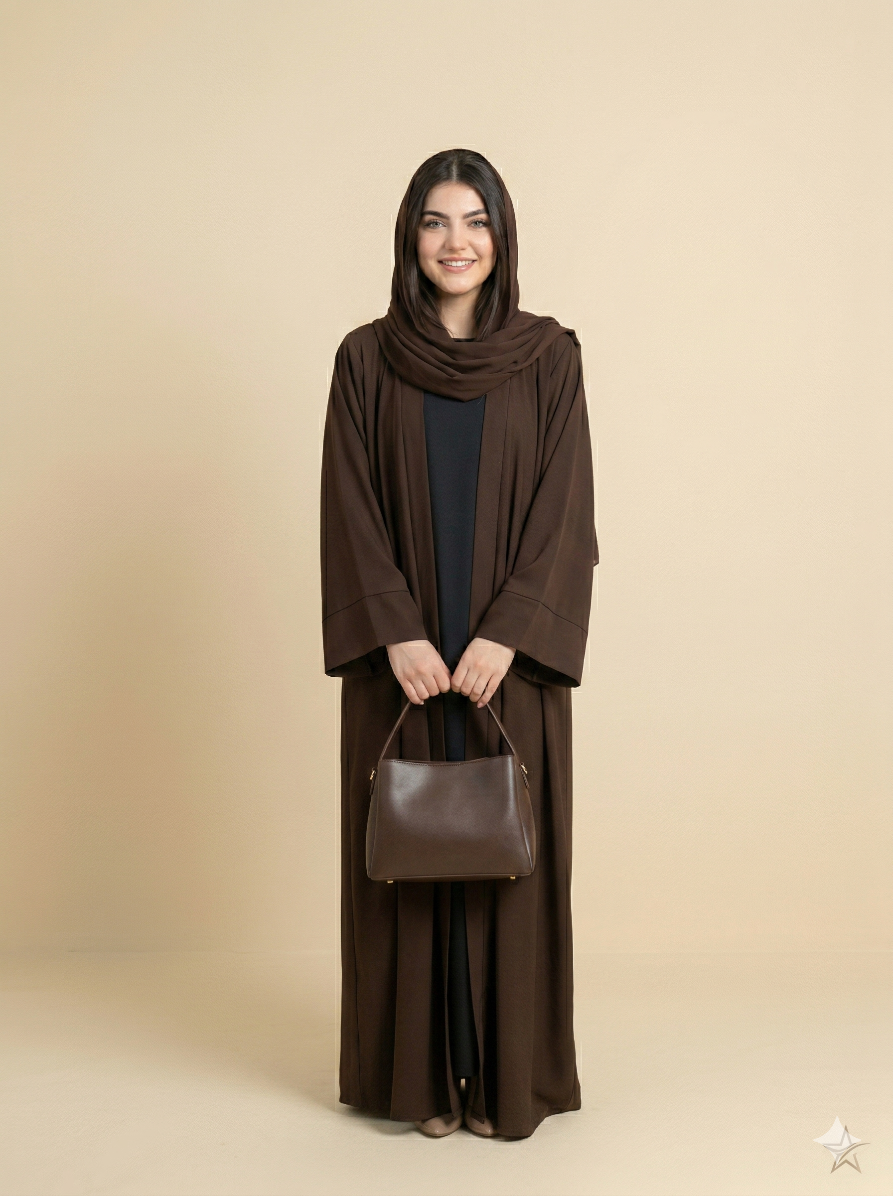 Dark Brown Plain Open Abaya with Cuff Detail Front View