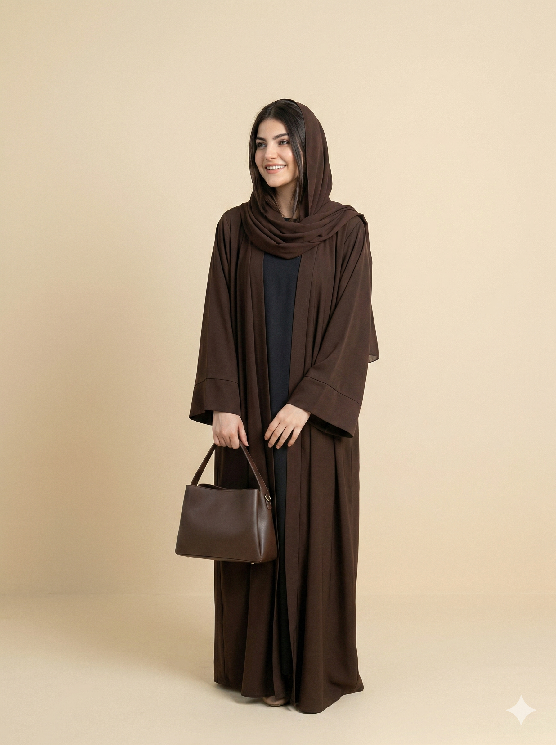 Dark Brown Plain Open Abaya with Cuff Detail Side View