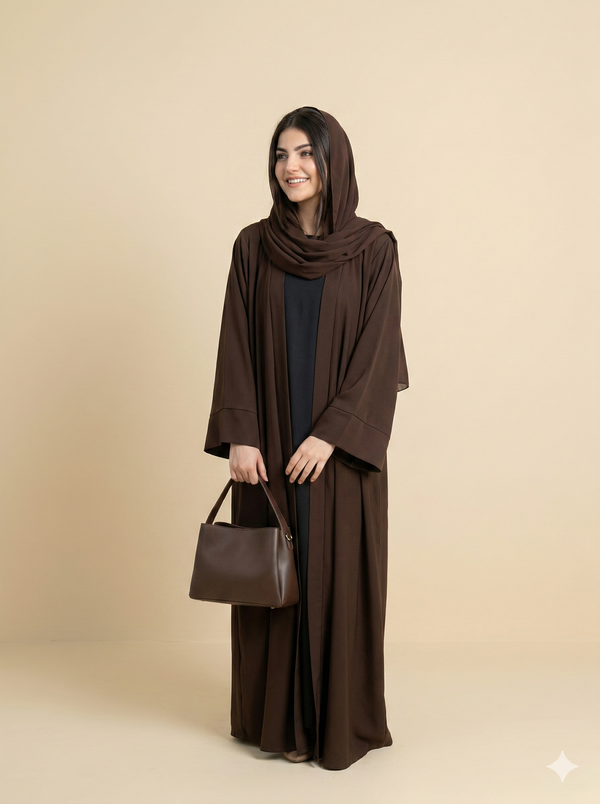 Dark Brown Plain Open Abaya with Cuff Detail Side View