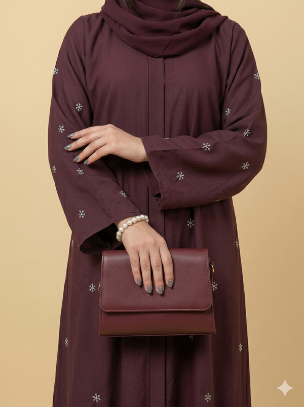 Deep Plum Bow Embroidered Button-Down Abaya Close View