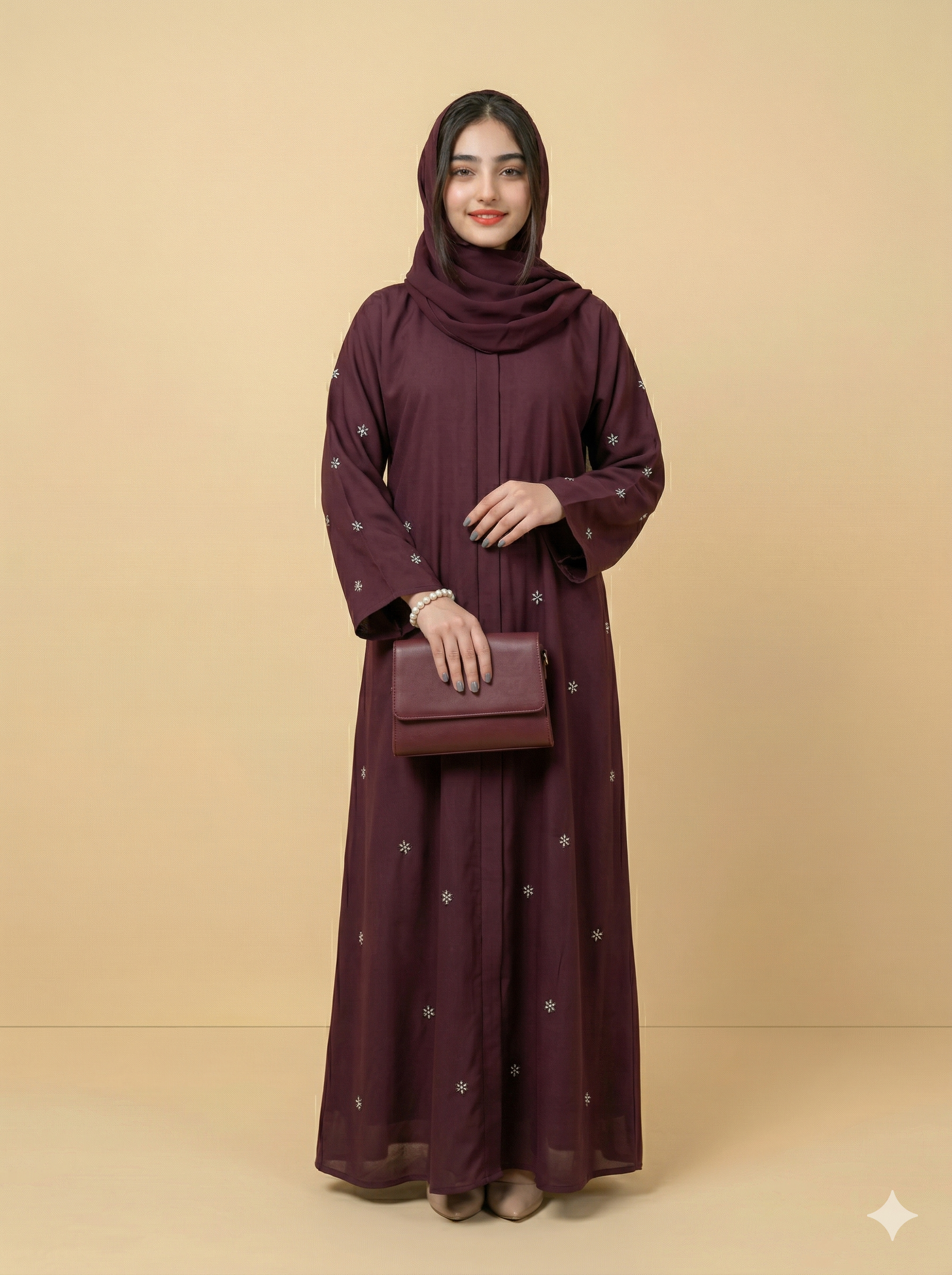 Deep Plum Bow Embroidered Button-Down Abaya Front View