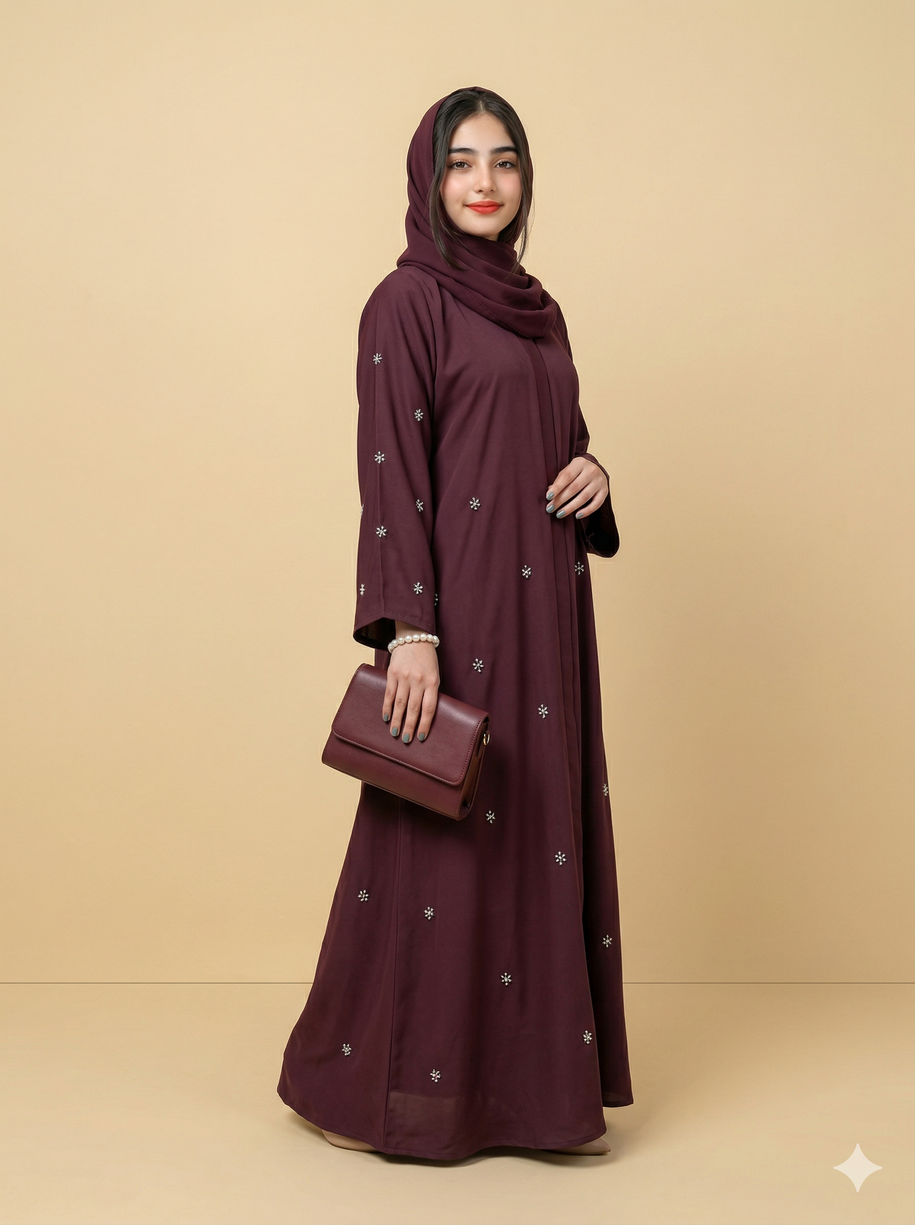 Deep Plum Bow Embroidered Button-Down Abaya Side View