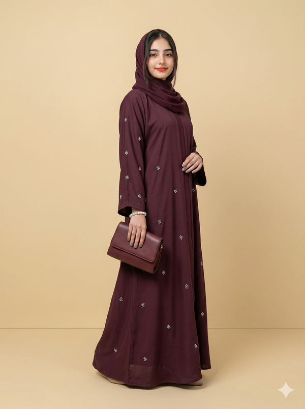 Deep Plum Bow Embroidered Button-Down Abaya Side View