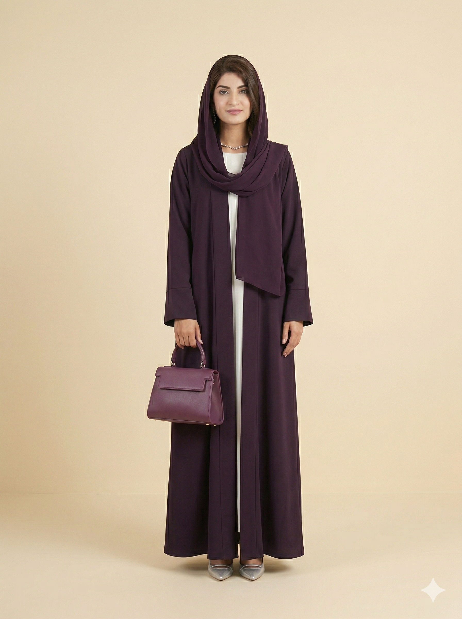 Deep Plum Plain Open Abaya with Inner Dress Front View
