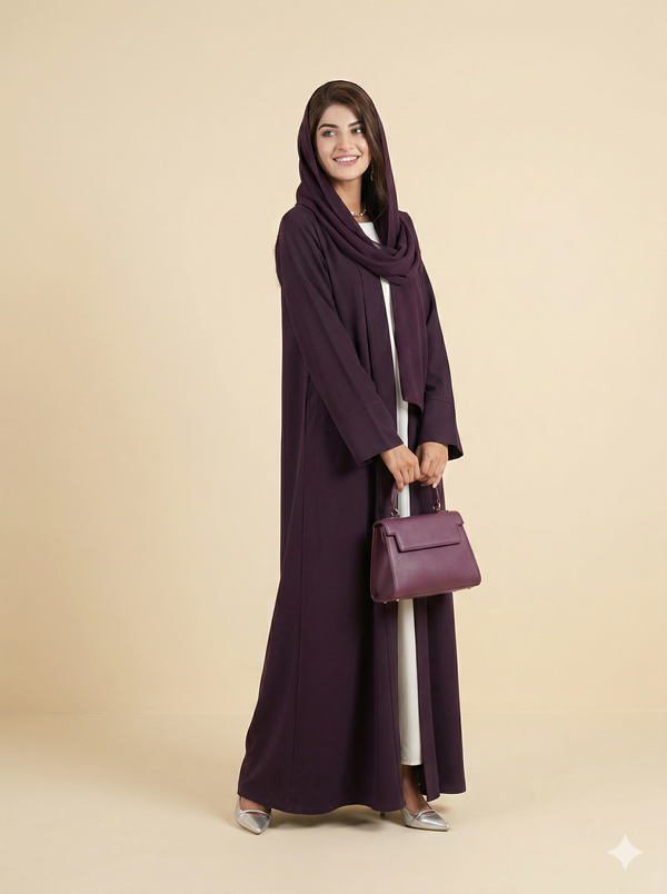 Deep Plum Plain Open Abaya with Inner Dress Side View