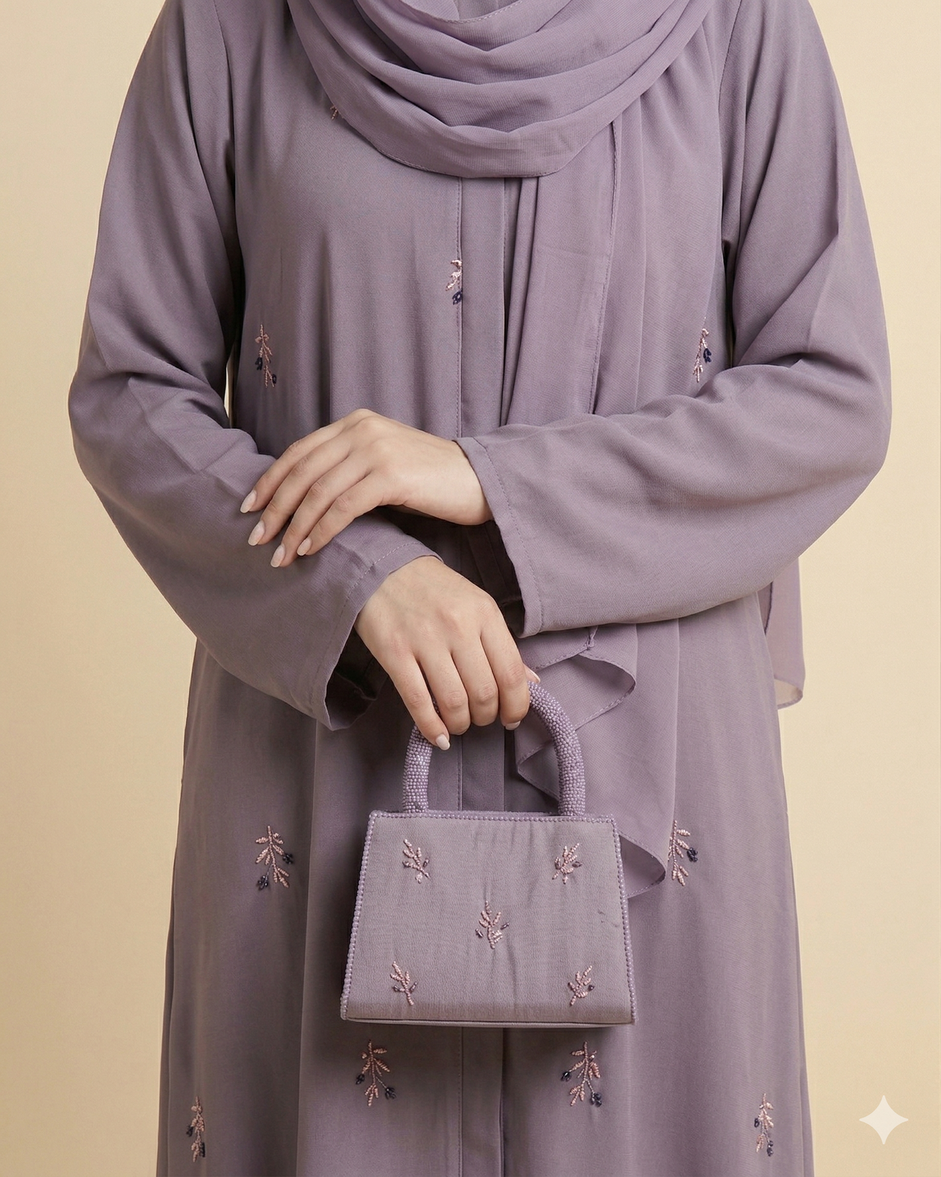 Dusty Lilac Floral Embroidered Open Abaya Set Close View