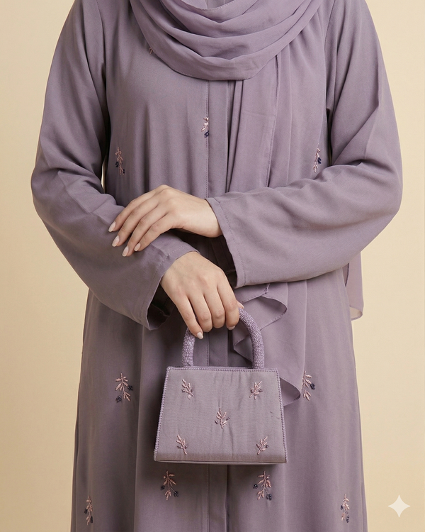 Dusty Lilac Floral Embroidered Open Abaya Set Close View