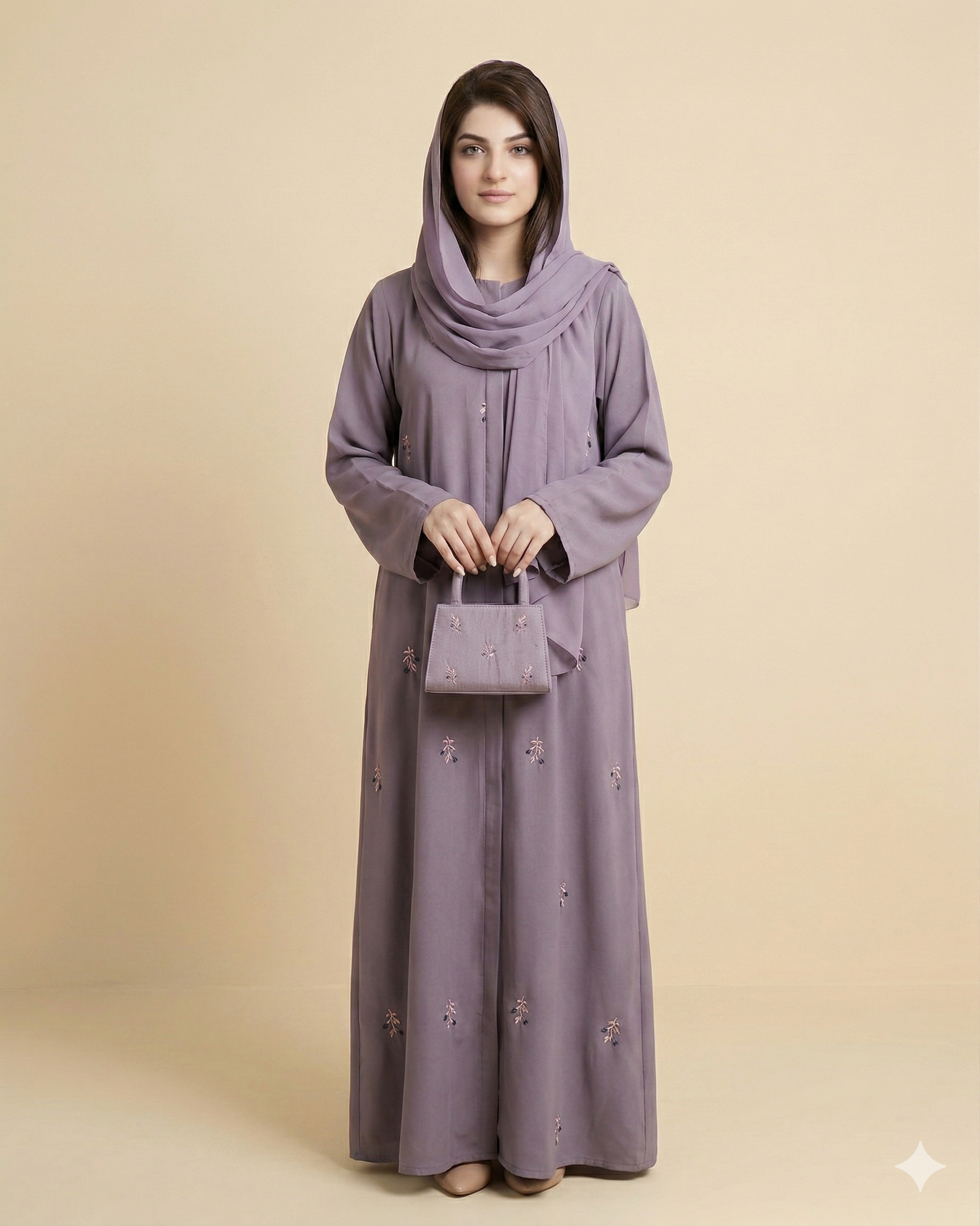 Dusty Lilac Floral Embroidered Open Abaya Set Front View