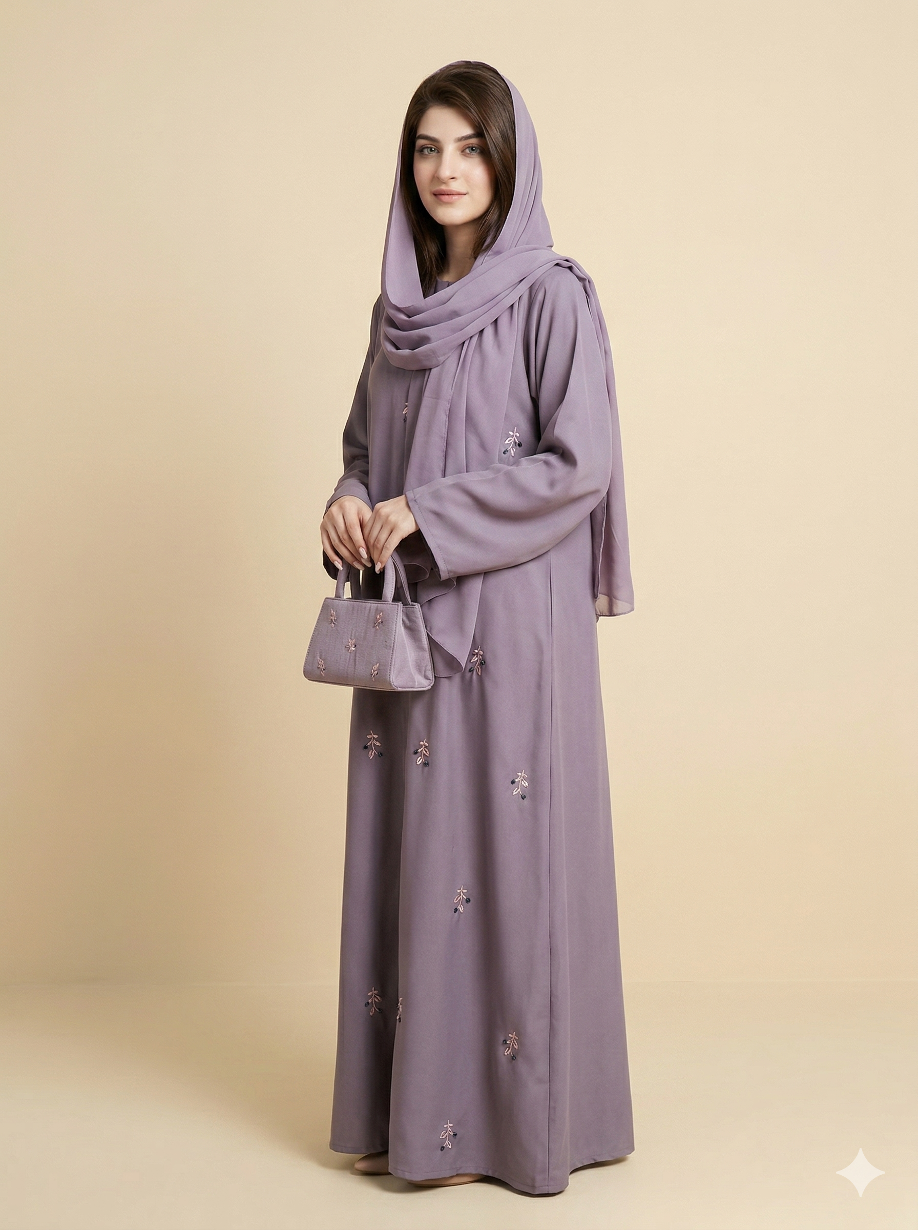 Dusty Lilac Floral Embroidered Open Abaya Set Side View