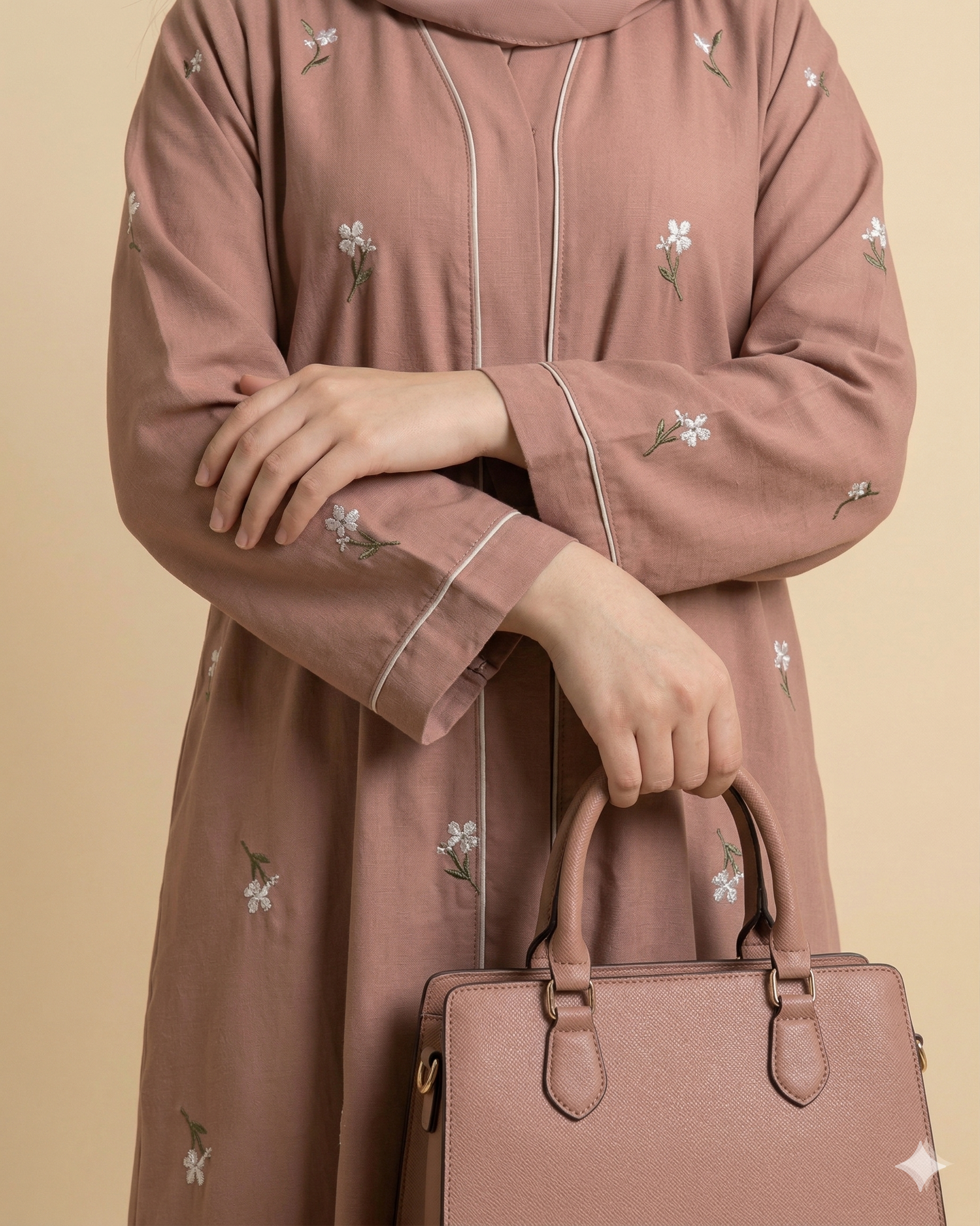 Dusty Rose Floral Embroidered Open Abaya Close View