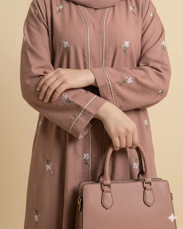 Dusty Rose Floral Embroidered Open Abaya Close View