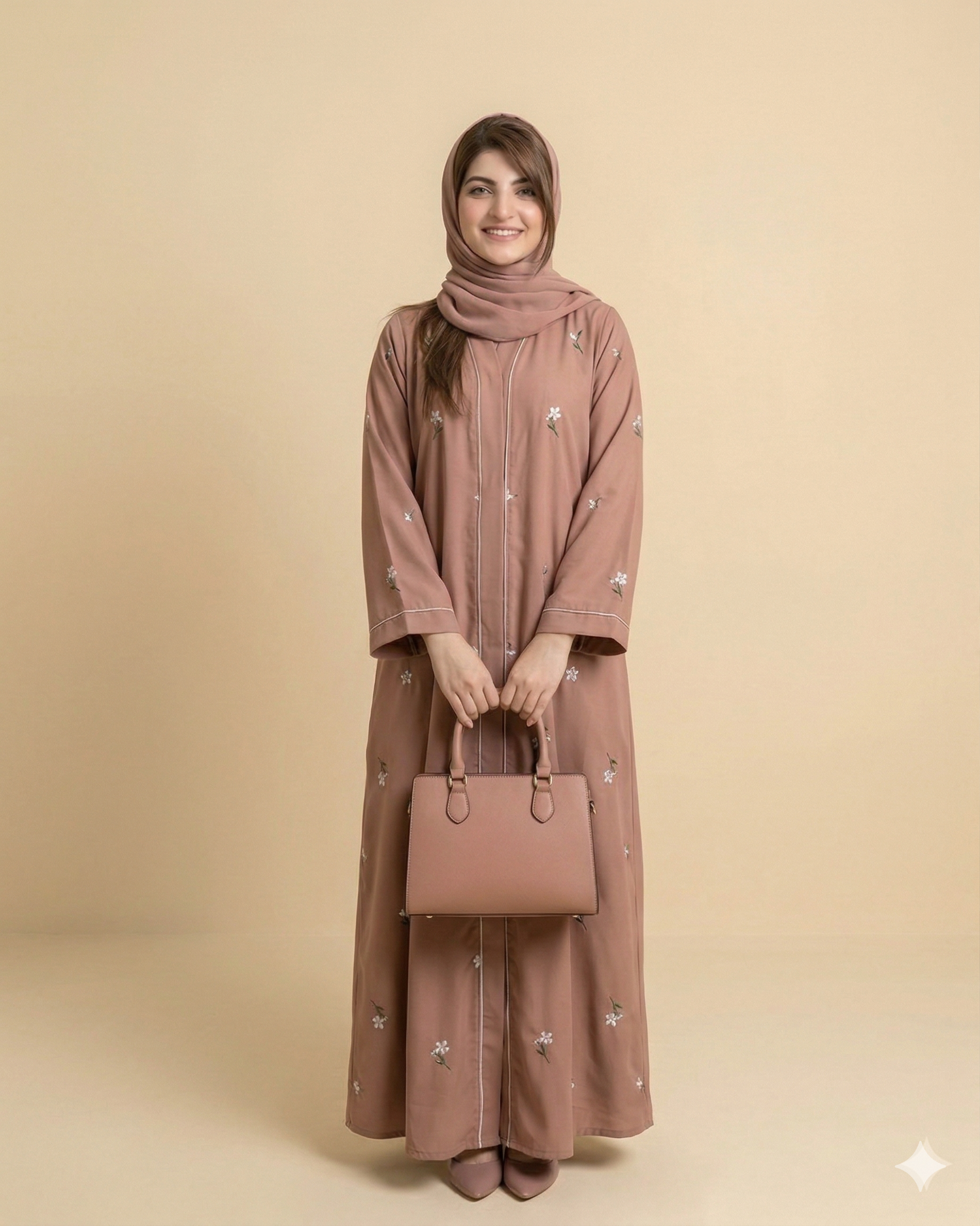 Dusty Rose Floral Embroidered Open Abaya Front View