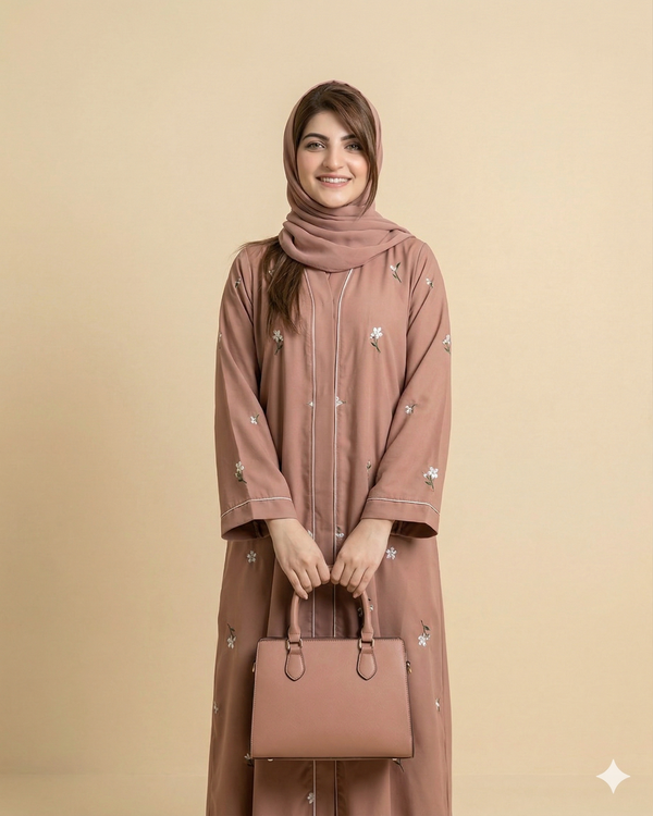 Dusty Rose Floral Embroidered Open Abaya Side View