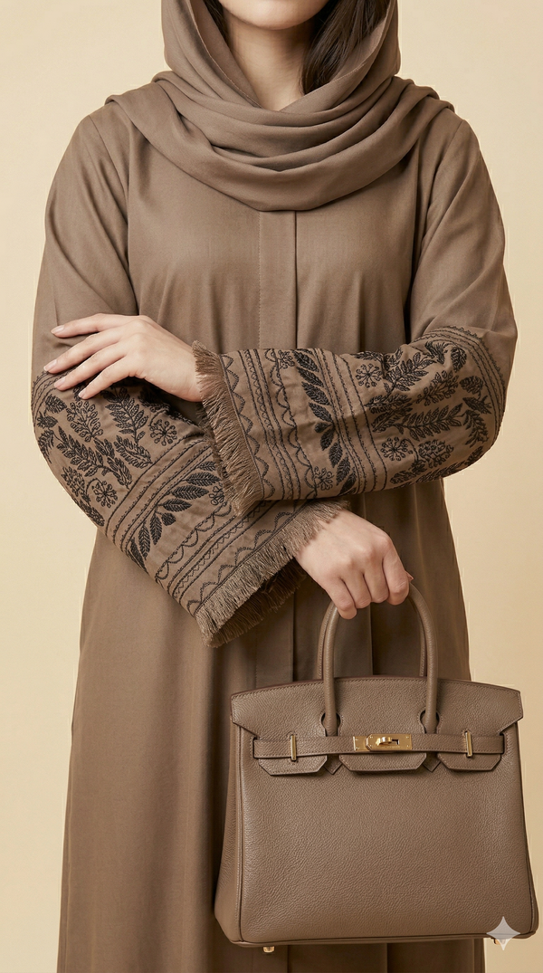 Mocha Brown Embroidered Fringe Cuff Open Abaya Close View