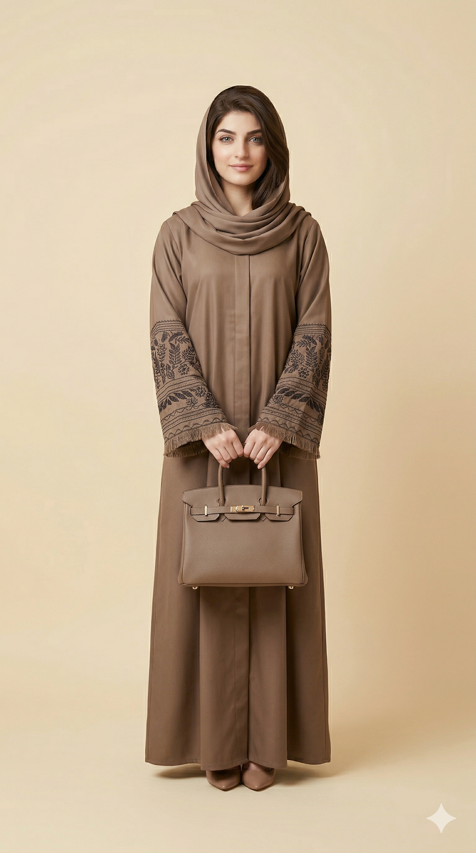 Mocha Brown Embroidered Fringe Cuff Open Abaya Front View