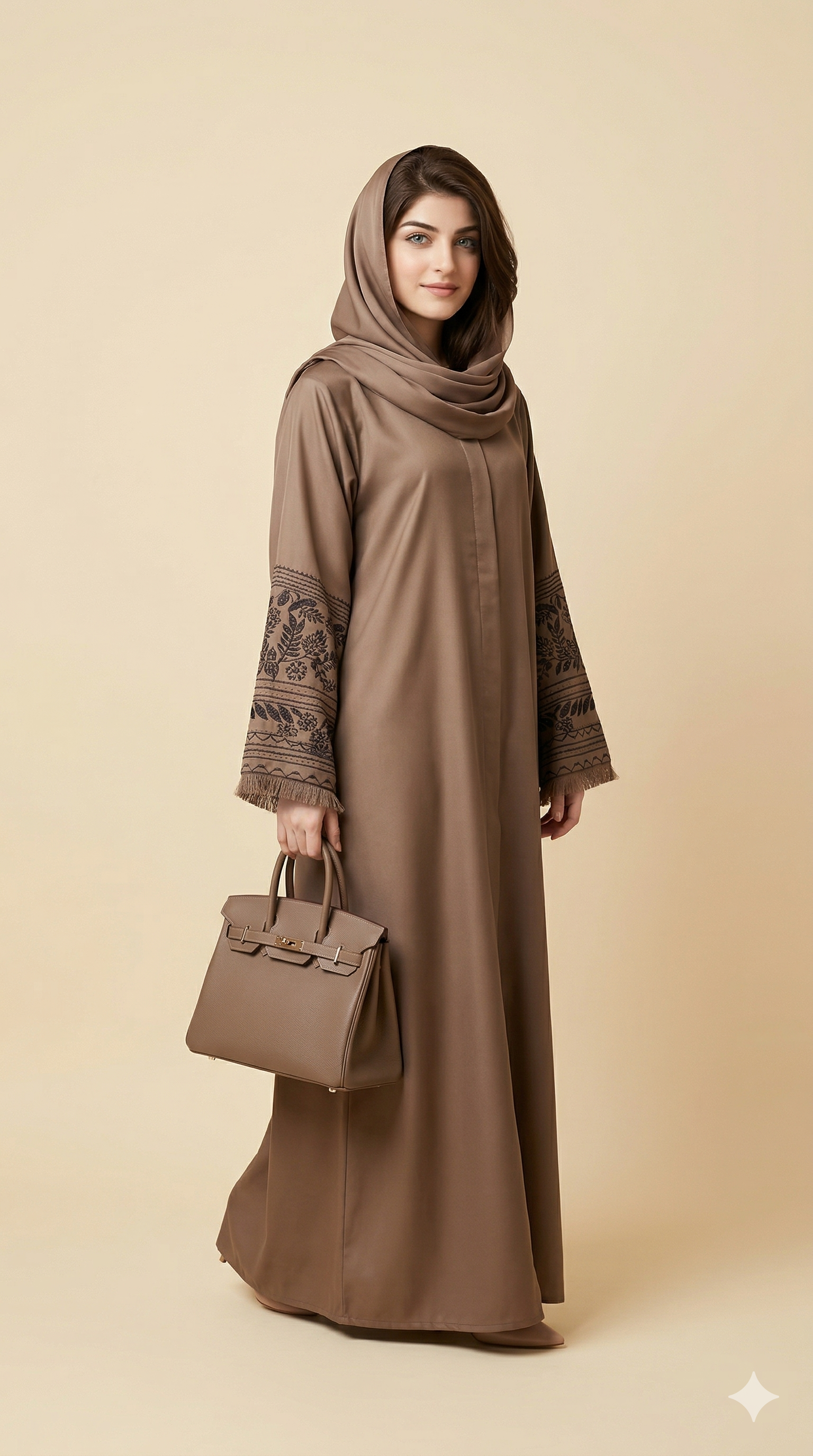 Mocha Brown Embroidered Fringe Cuff Open Abaya Side View