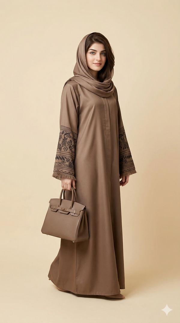 Mocha Brown Embroidered Fringe Cuff Open Abaya Side View
