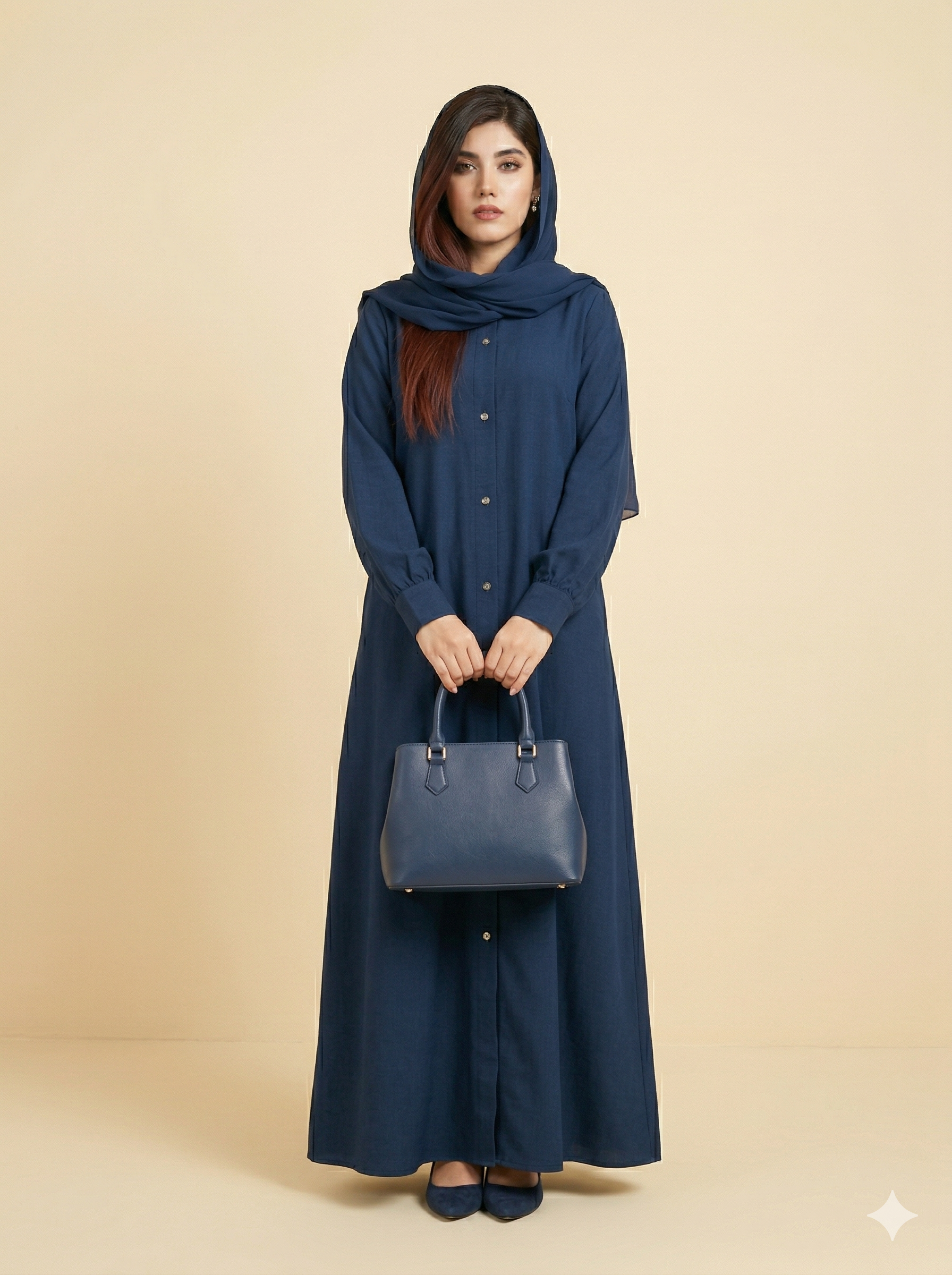 Navy Blue Button-Down Cotton Abaya Front View